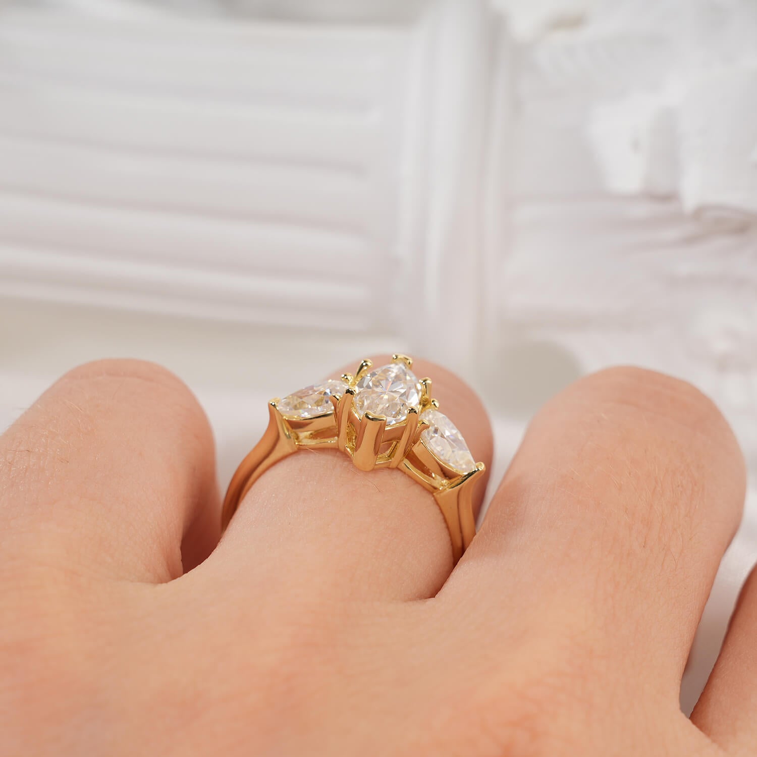 1CT Pear Cut Moissanite Three Stones Engagement Ring