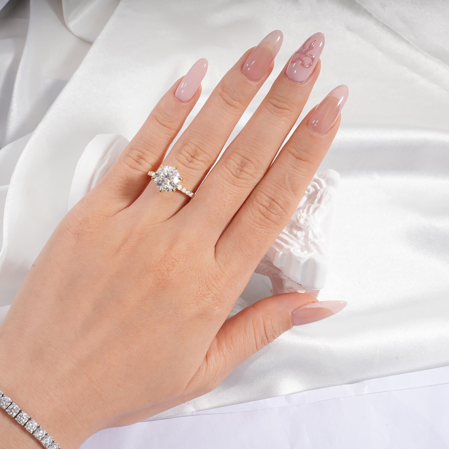 14K Gold Plated Hidden Halo Round Brillant Cut Moissanite Diamond Accent Engagement Ring