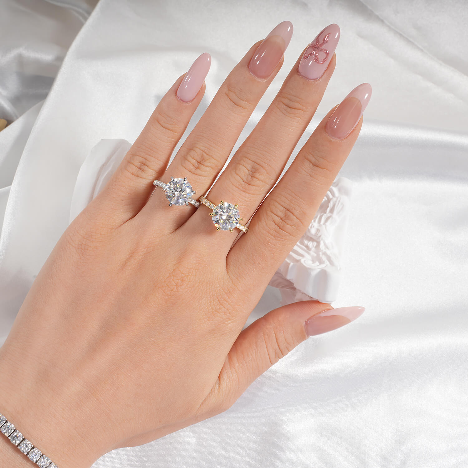 14K Gold Plated Hidden Halo Round Brilliant Cut Moissanite Diamond Accent Engagement Ring