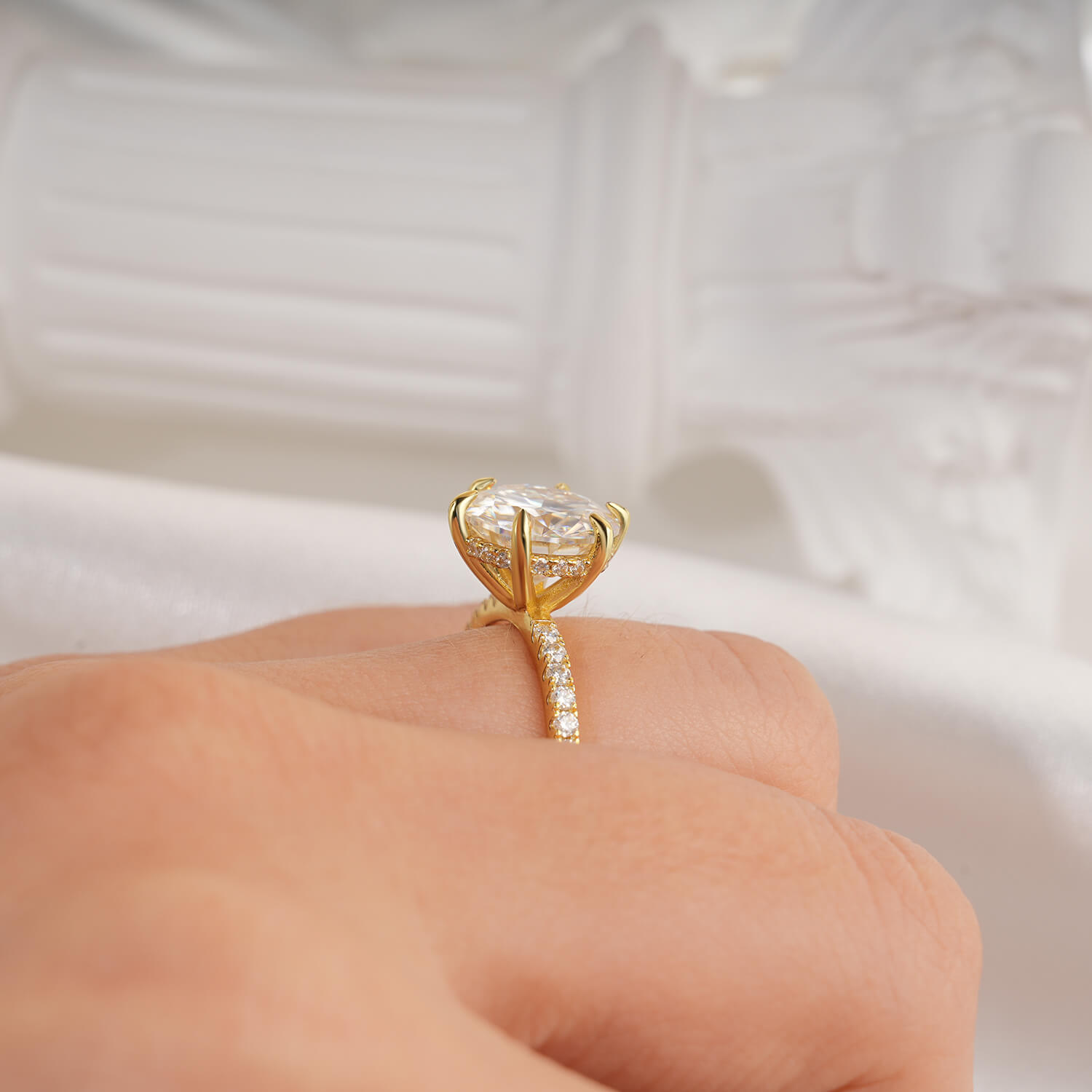 14K Gold Plated Hidden Halo Round Brilliant Cut Moissanite Diamond Accent Engagement Ring