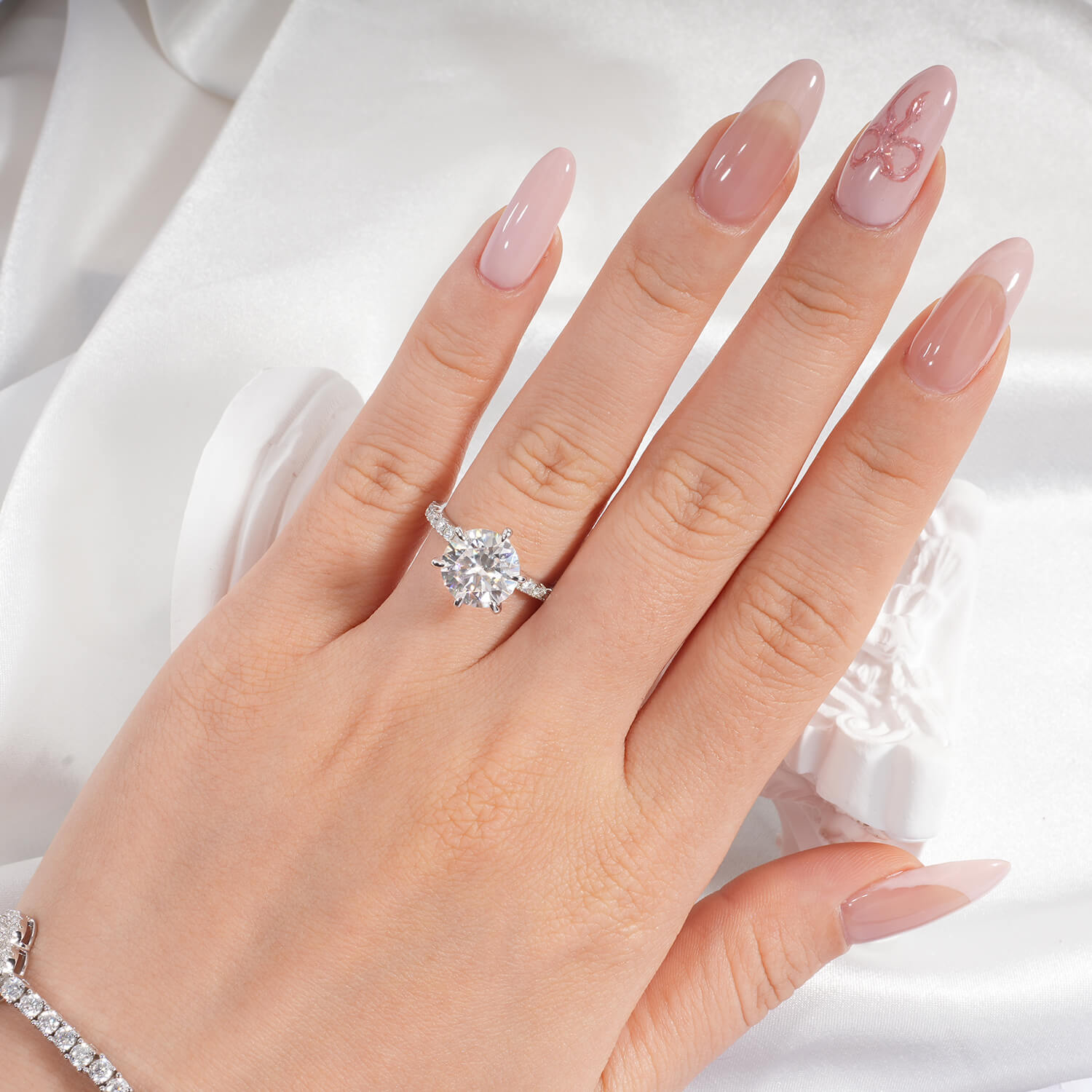 14K Gold Plated Hidden Halo Round Brillant Cut Moissanite Diamond Accent Engagement Ring