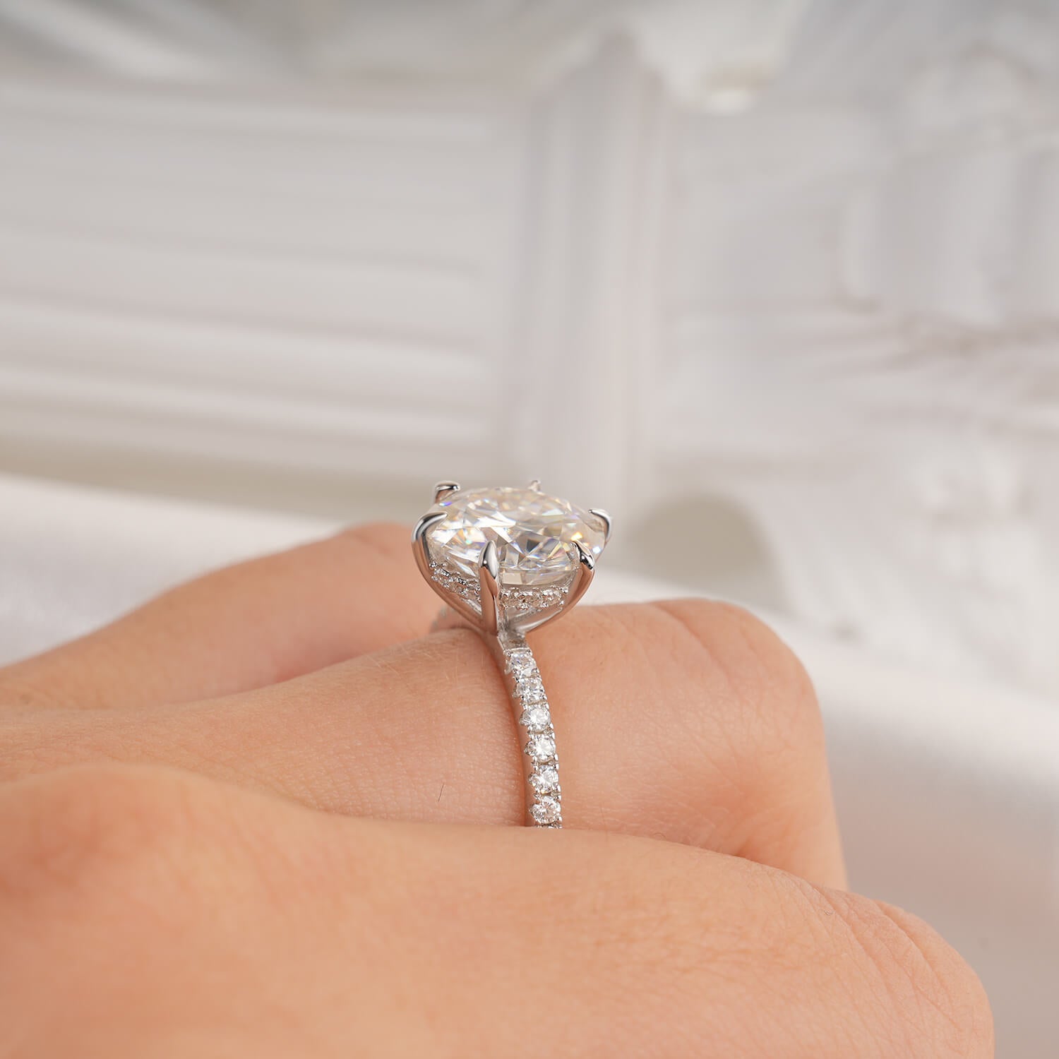 14K Gold Plated Hidden Halo Round Brilliant Cut Moissanite Diamond Accent Engagement Ring