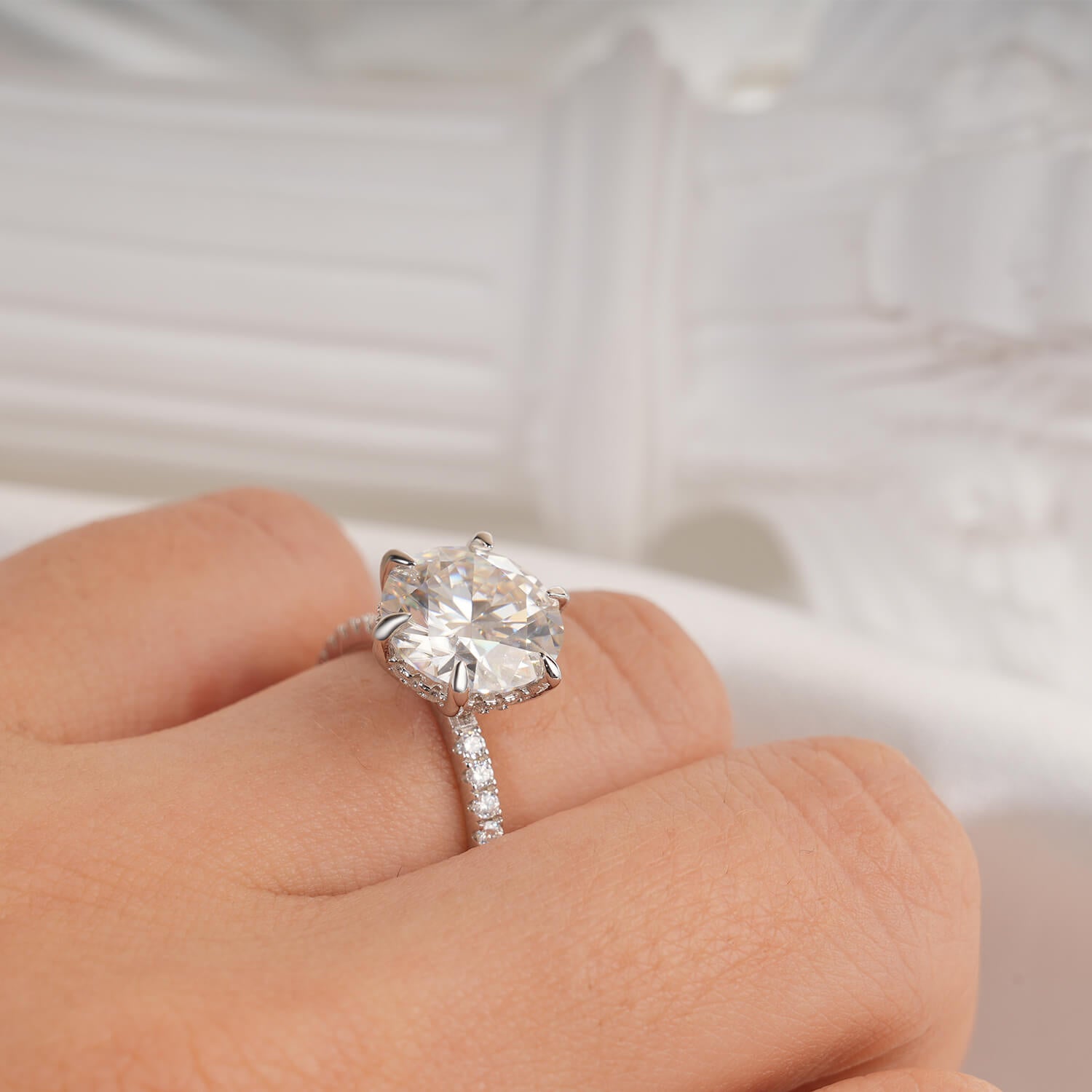 14K Gold Plated Hidden Halo Round Brillant Cut Moissanite Diamond Accent Engagement Ring
