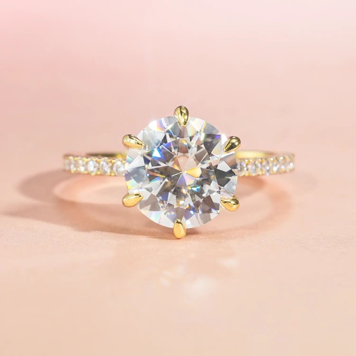 14K Gold Plated Hidden Halo Round Brilliant Cut Moissanite Diamond Accent Engagement Ring