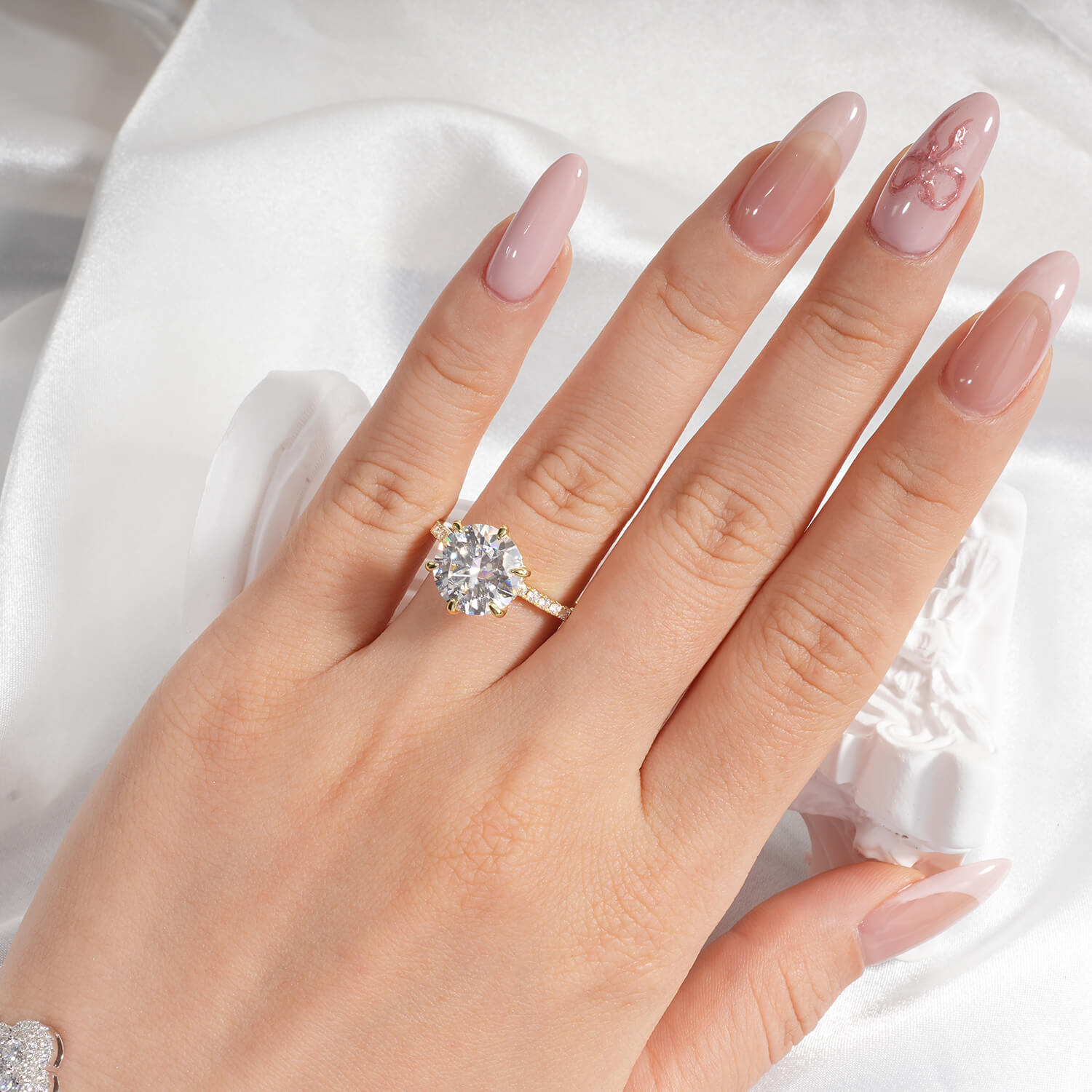 14K Gold Plated Solitaire Round Brillant Cut Moissanite Diamond Accent Engagement Ring