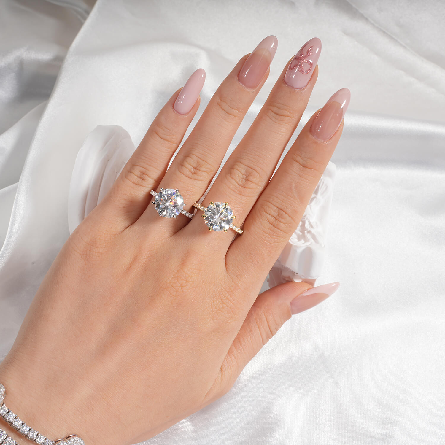 14K Gold Plated Hidden Halo Round Brilliant Cut Moissanite Diamond Accent Engagement Ring