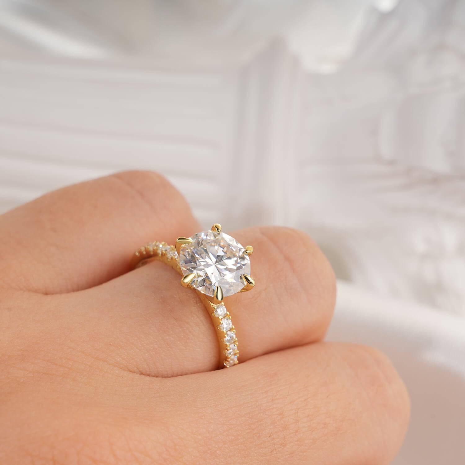 14K Gold Plated Solitaire Round Brilliant Cut Moissanite Diamond Accent Engagement Ring