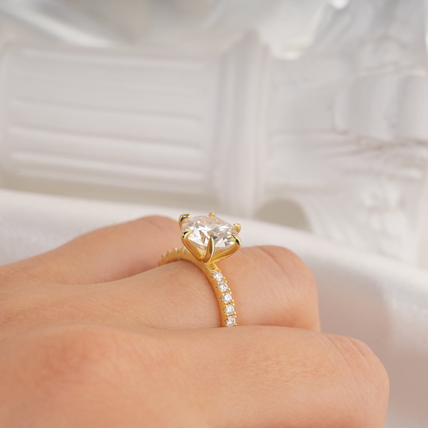 14K Gold Plated Solitaire Round Brilliant Cut Moissanite Diamond Accent Engagement Ring