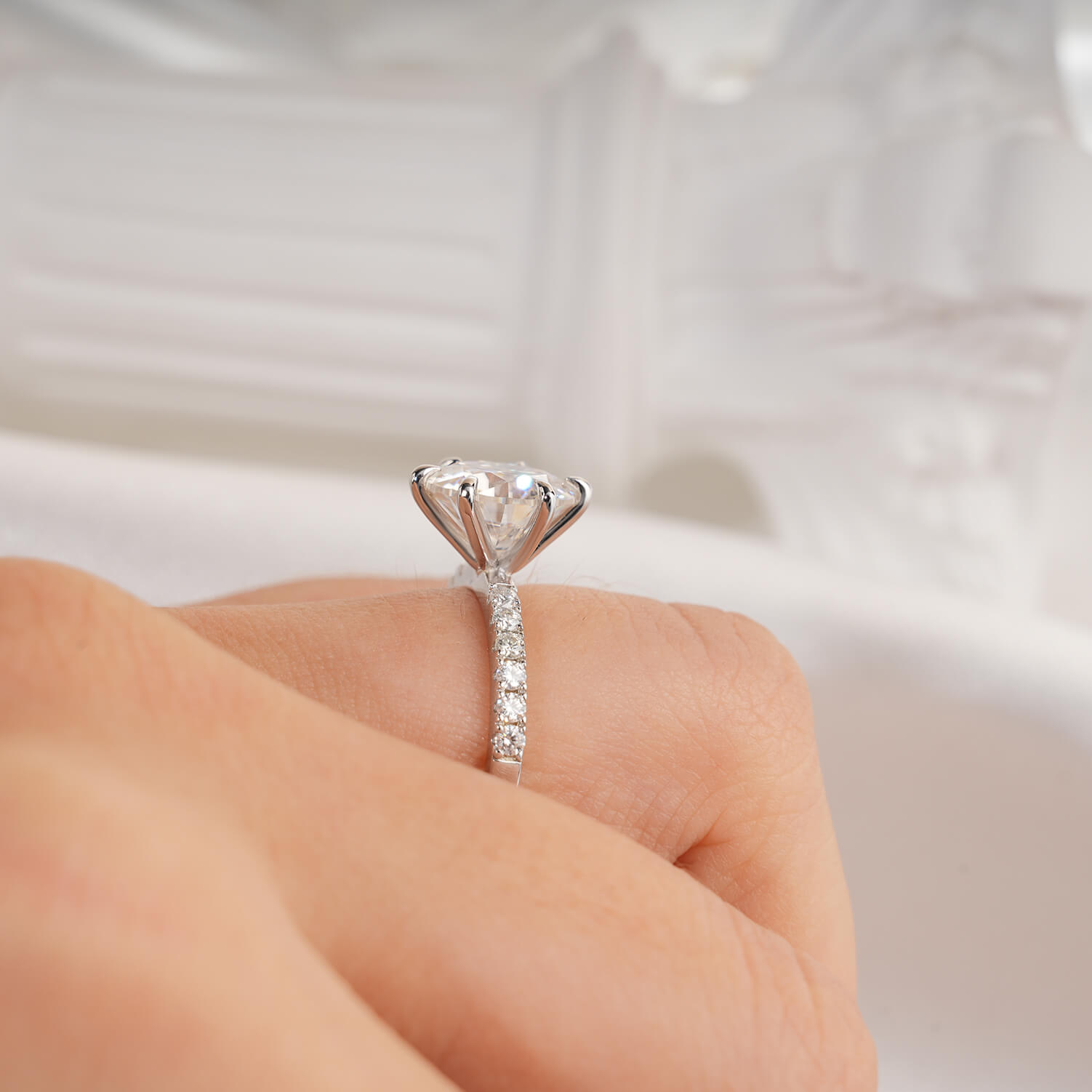 14K Gold Plated Solitaire Round Brilliant Cut Moissanite Diamond Accent Engagement Ring