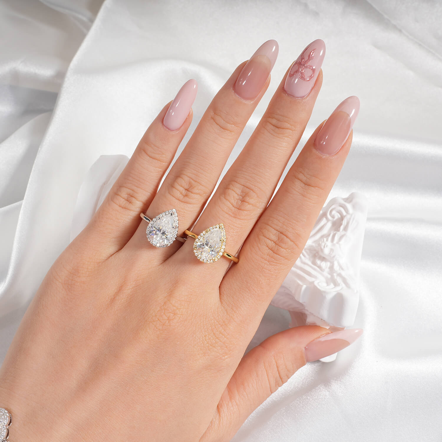 14K Gold Plated Halo Pear Cut Moissanite Diamond Engagement Ring