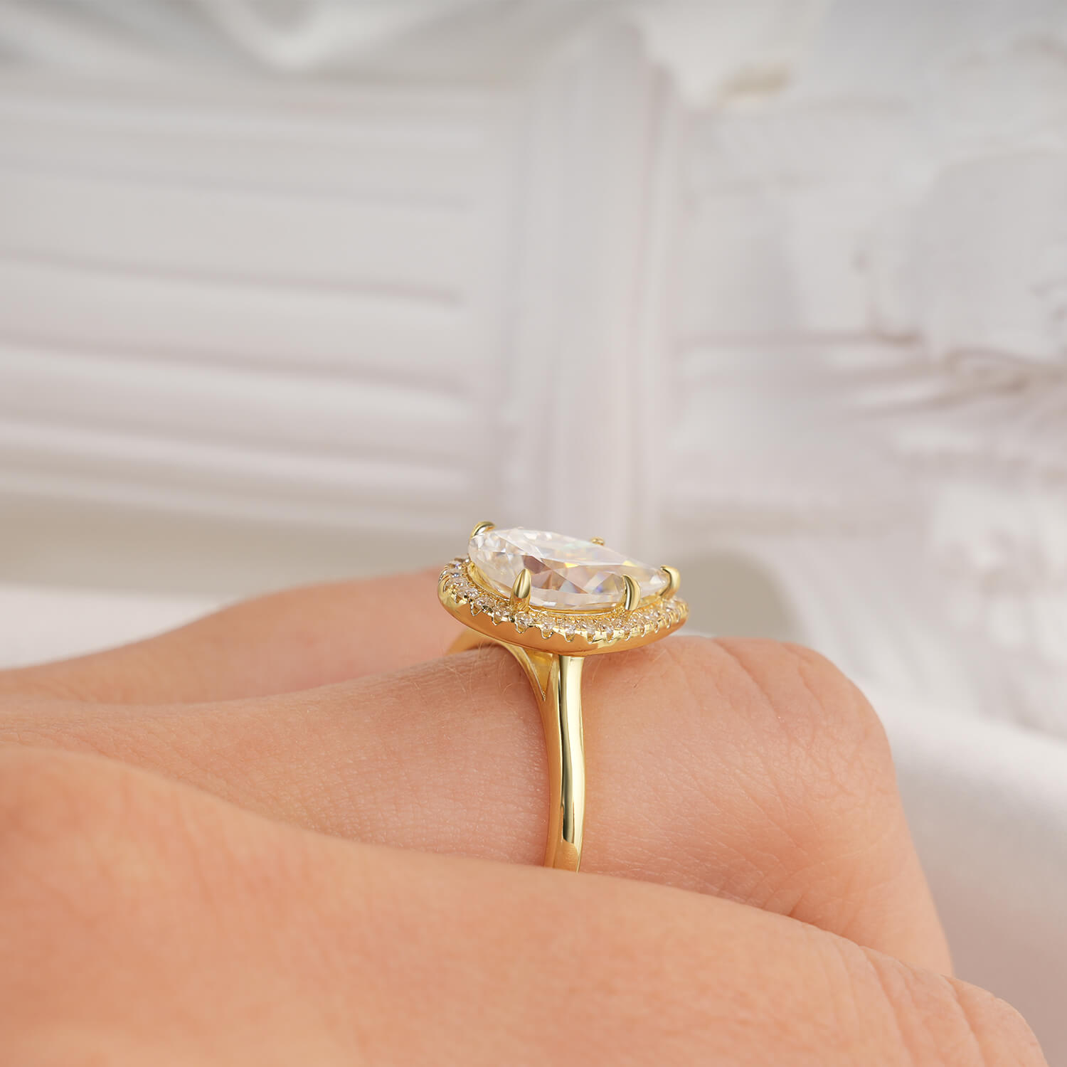 14K Gold Plated Halo Pear Cut Moissanite Diamond Engagement Ring