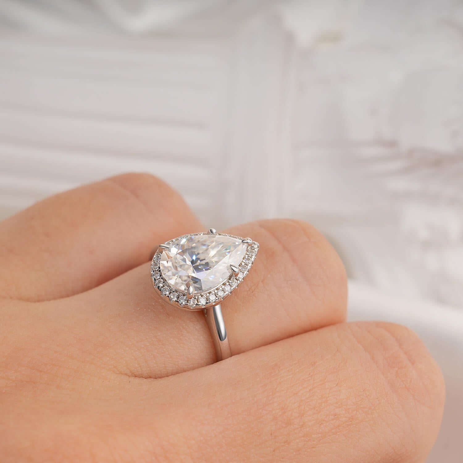 14K Gold Plated Halo Pear Cut Moissanite Diamond Engagement Ring