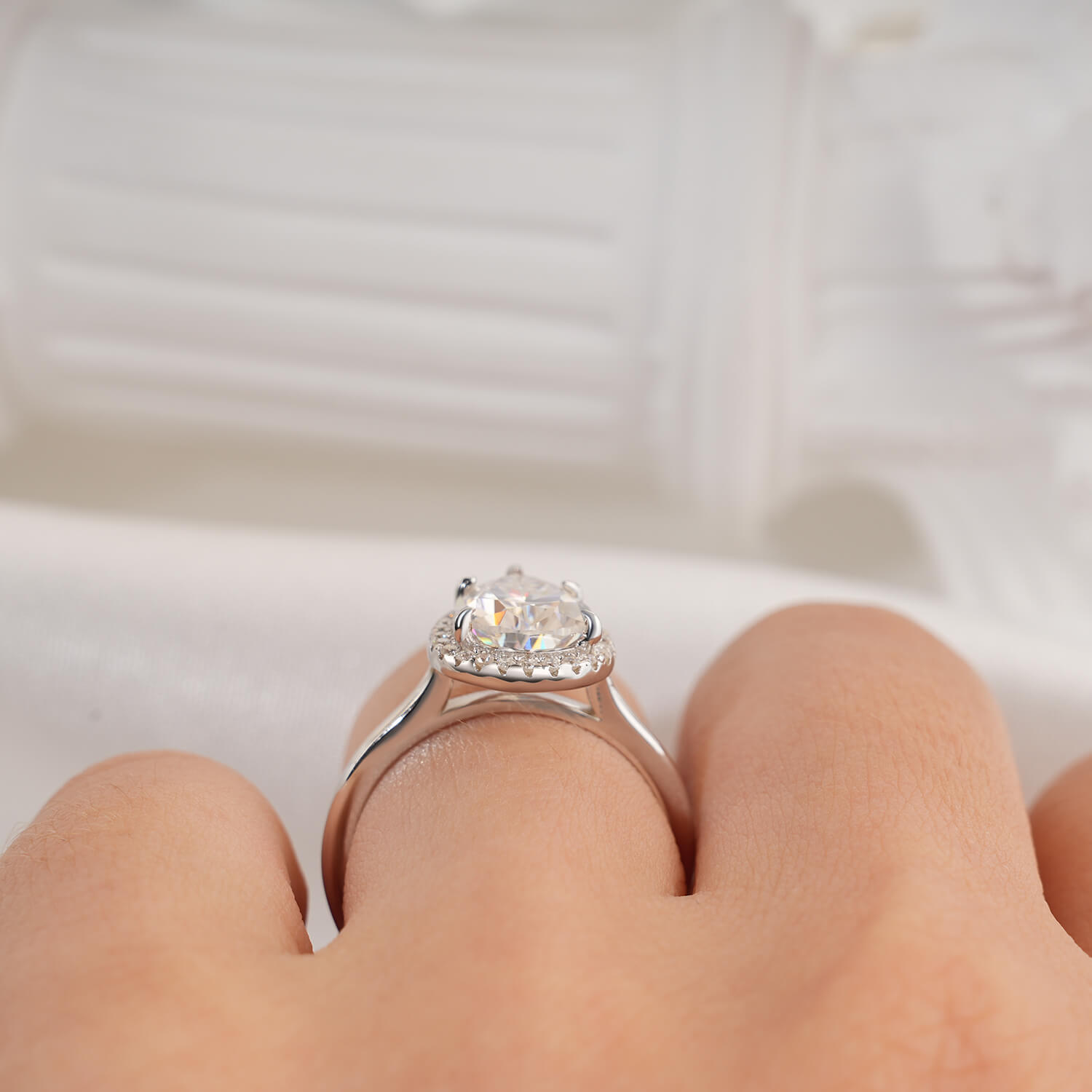 14K Gold Plated Halo Pear Cut Moissanite Diamond Engagement Ring