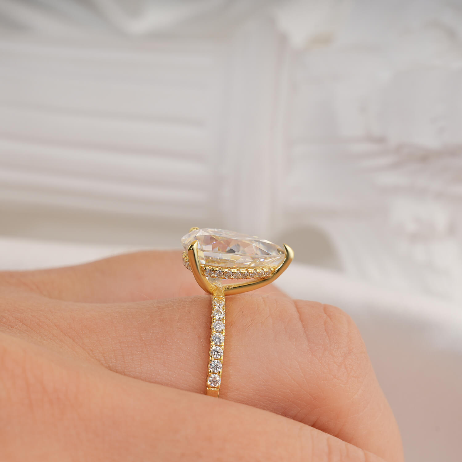 14K Gold Plated Hidden Halo Pear Cut Moissanite Diamond Accent Engagement Ring