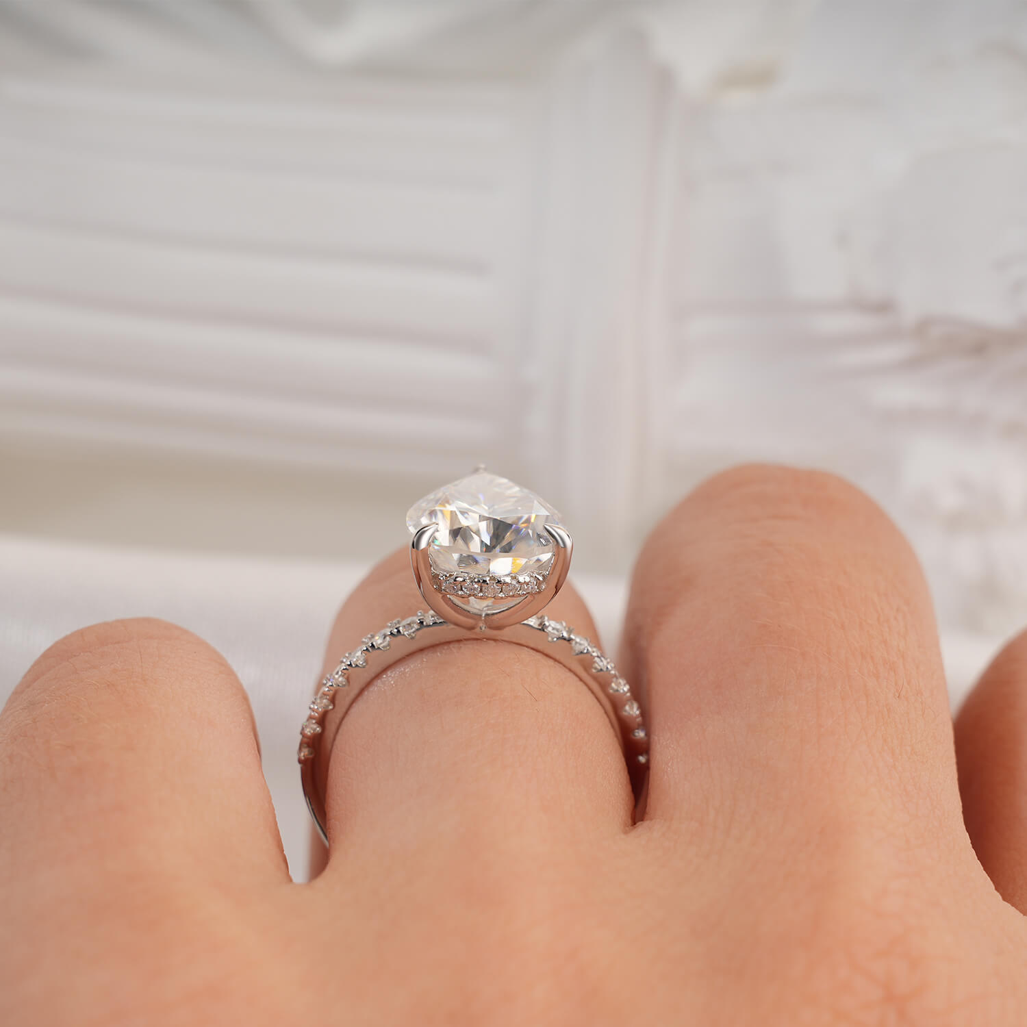 14K Gold Plated Hidden Halo Pear Cut Moissanite Diamond Accent Engagement Ring