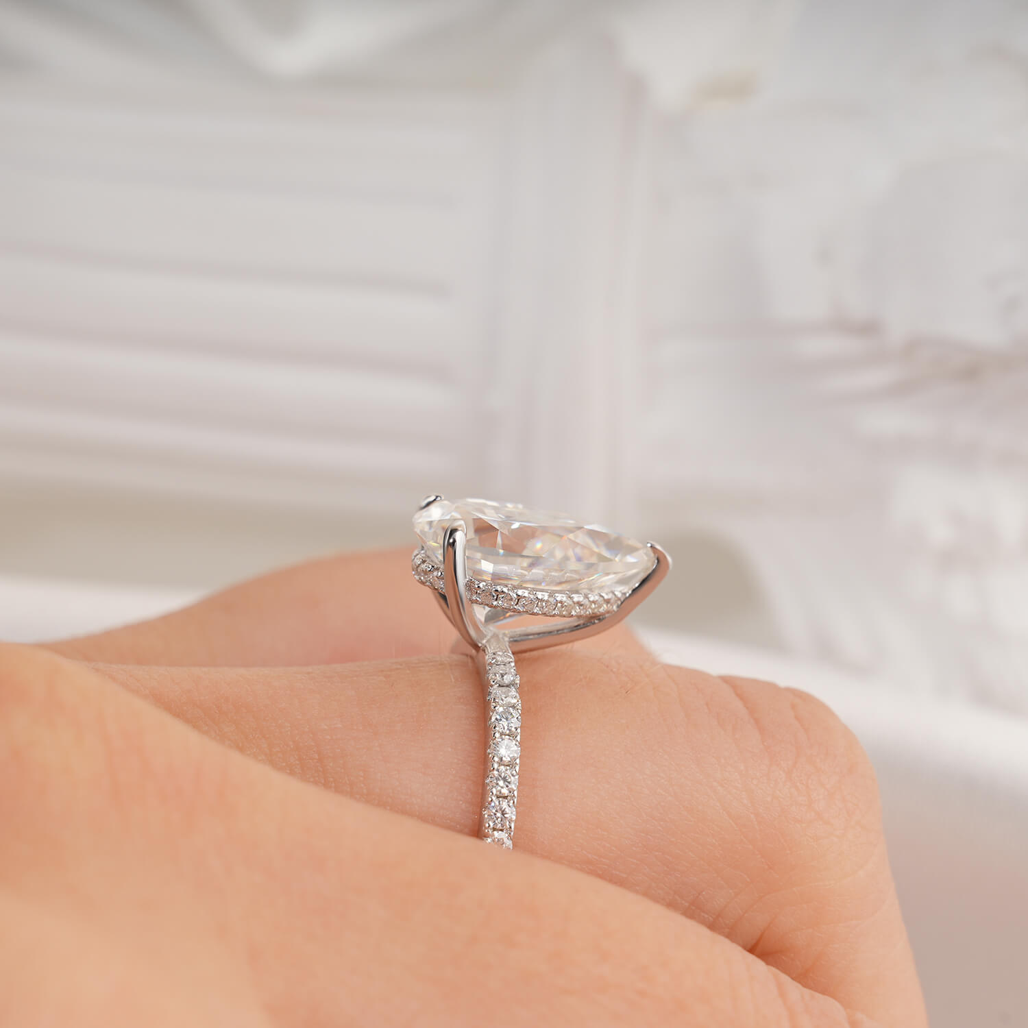 14K Gold Plated Hidden Halo Pear Cut Moissanite Diamond Accent Engagement Ring