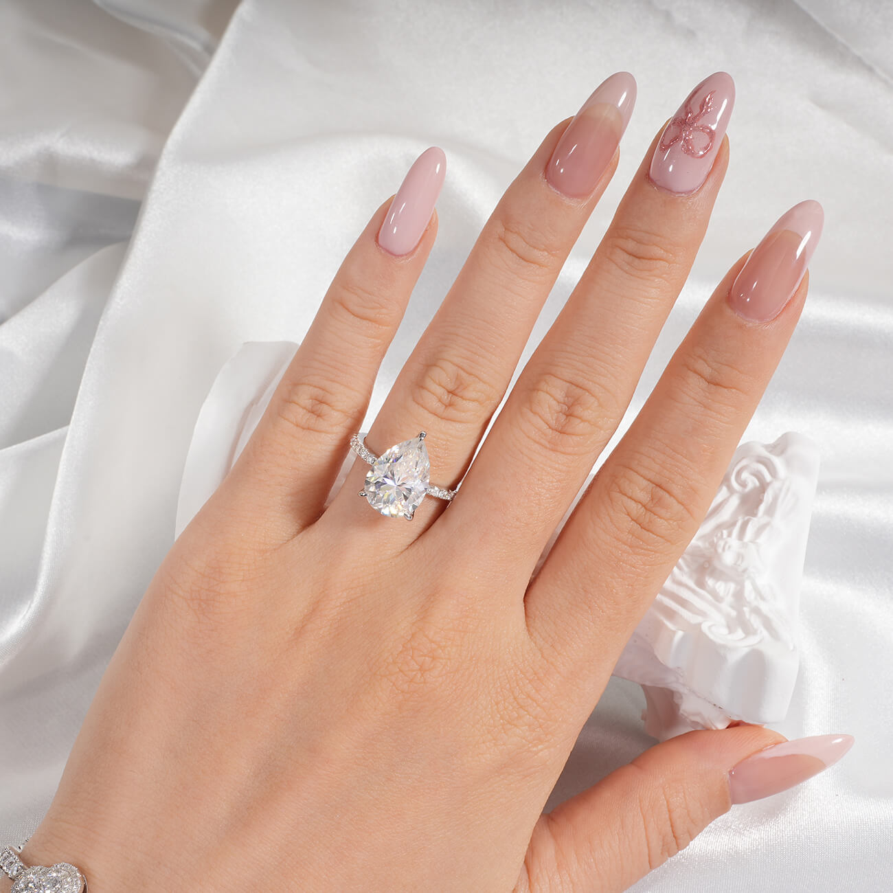 14K Gold Plated Hidden Halo Pear Cut Moissanite Diamond Accent Engagement Ring