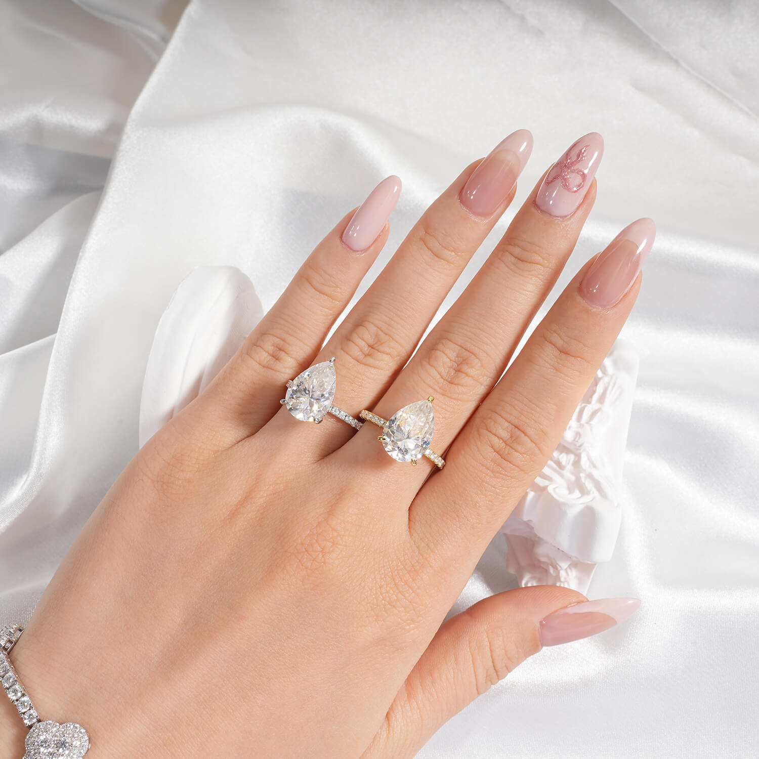 14K Gold Plated Hidden Halo Pear Cut Moissanite Diamond Accent Engagement Ring