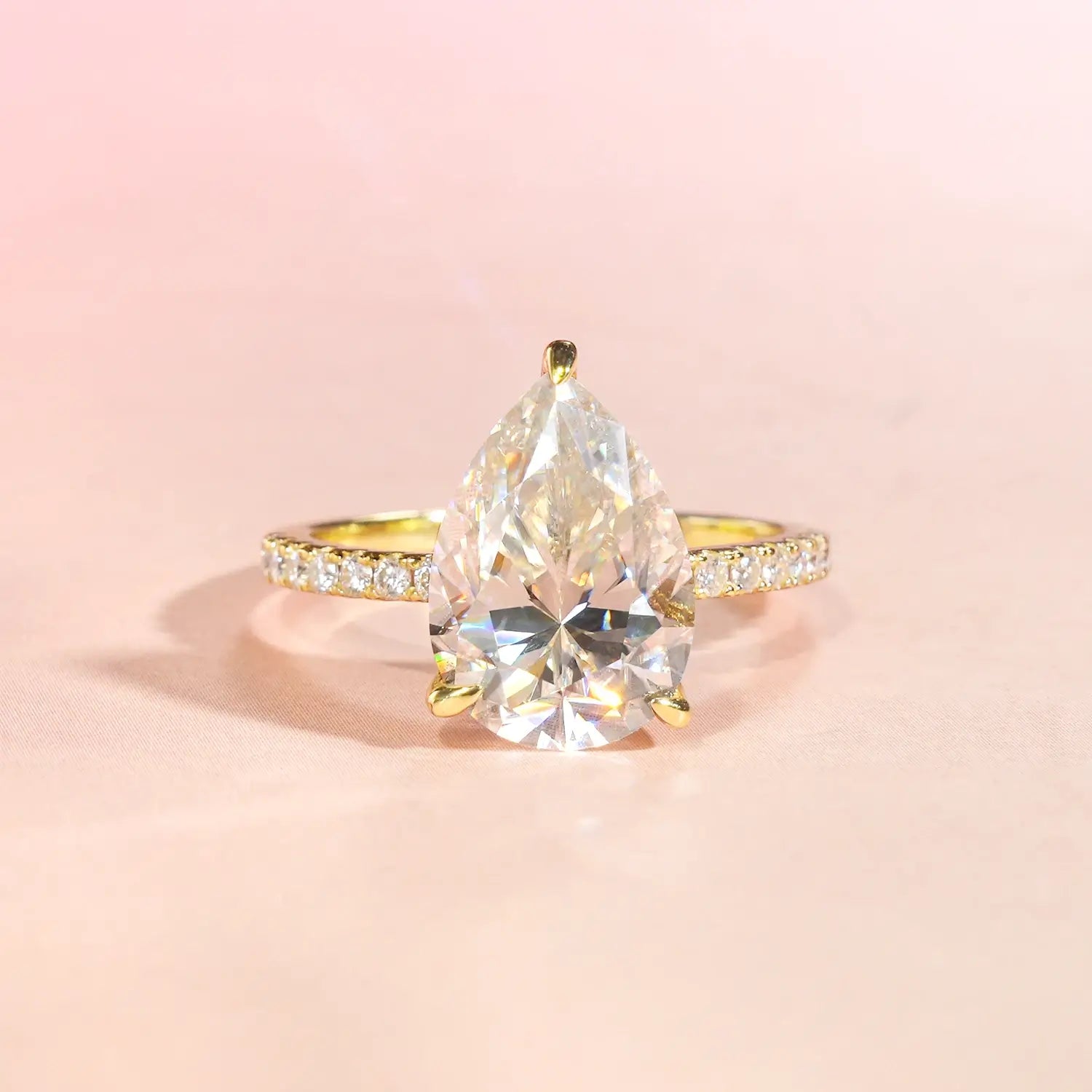 14K Gold Plated Hidden Halo Pear Cut Moissanite Diamond Accent Engagement Ring