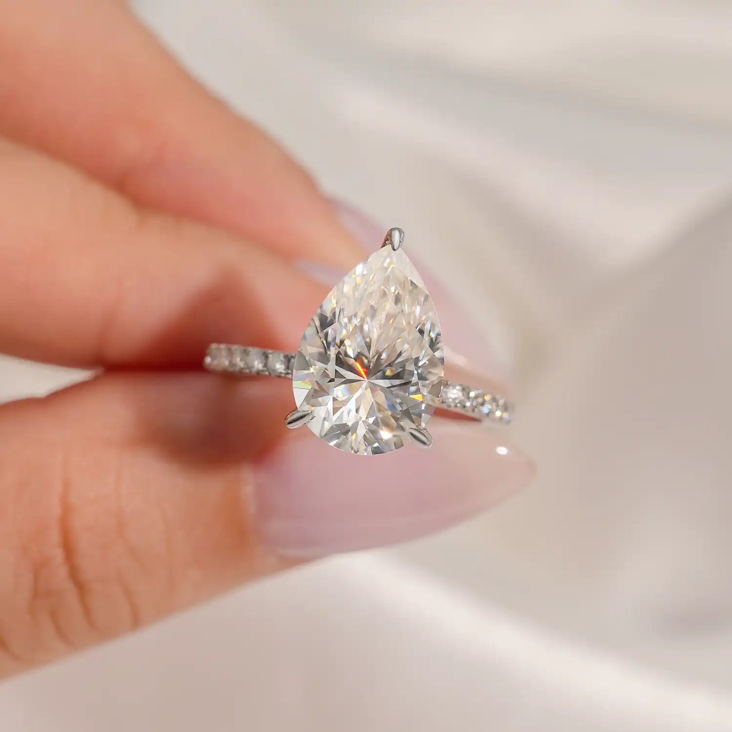 14K Gold Plated Hidden Halo Pear Cut Moissanite Diamond Accent Engagement Ring