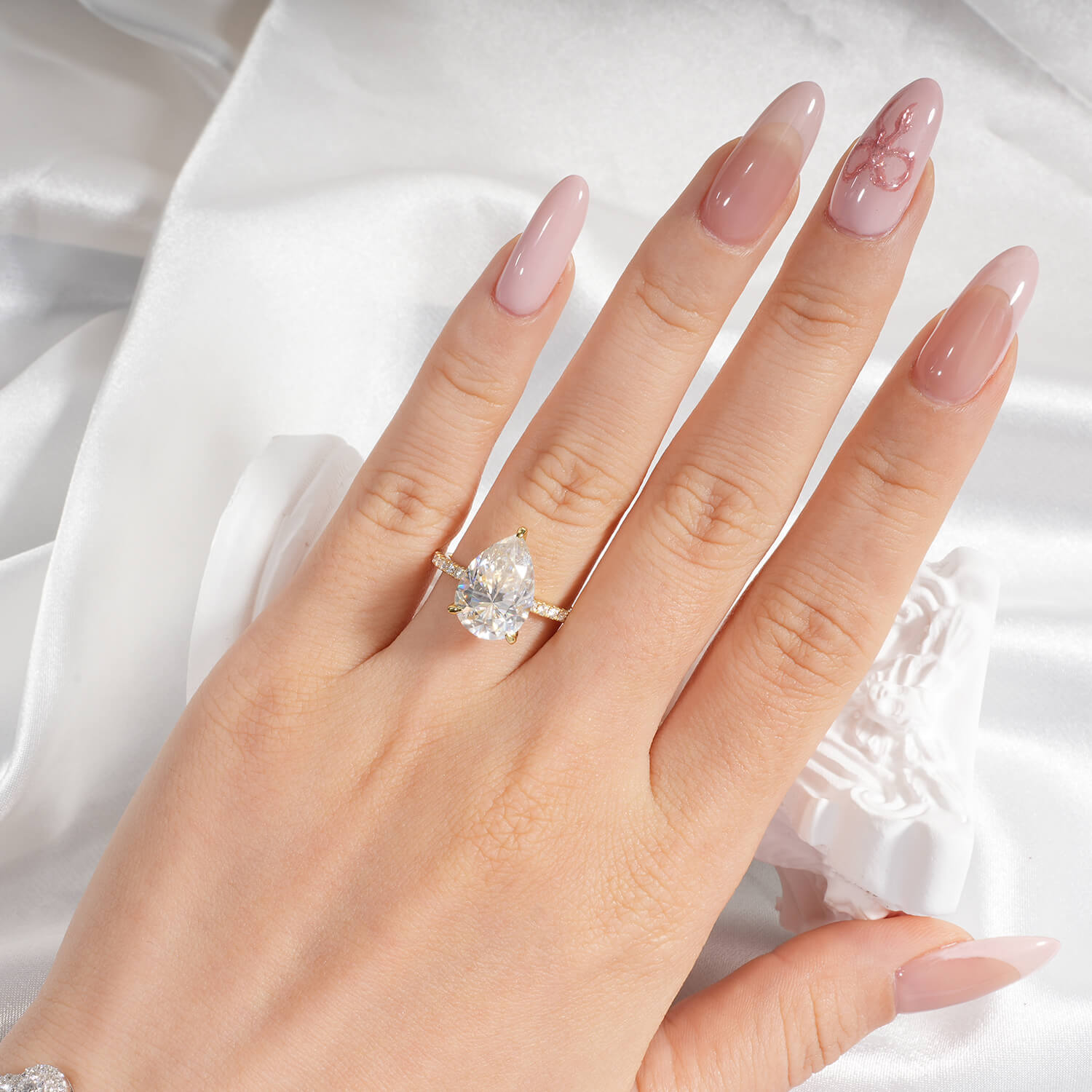 14K Gold Plated Hidden Halo Pear Cut Moissanite Diamond Accent Engagement Ring