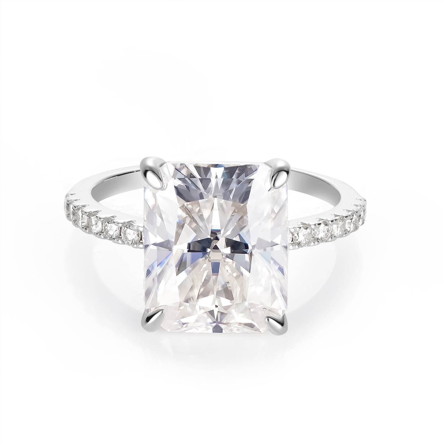 14K Gold Plated Hidden Halo Radiant Cut Moissanite Diamond Accent Engagement Ring