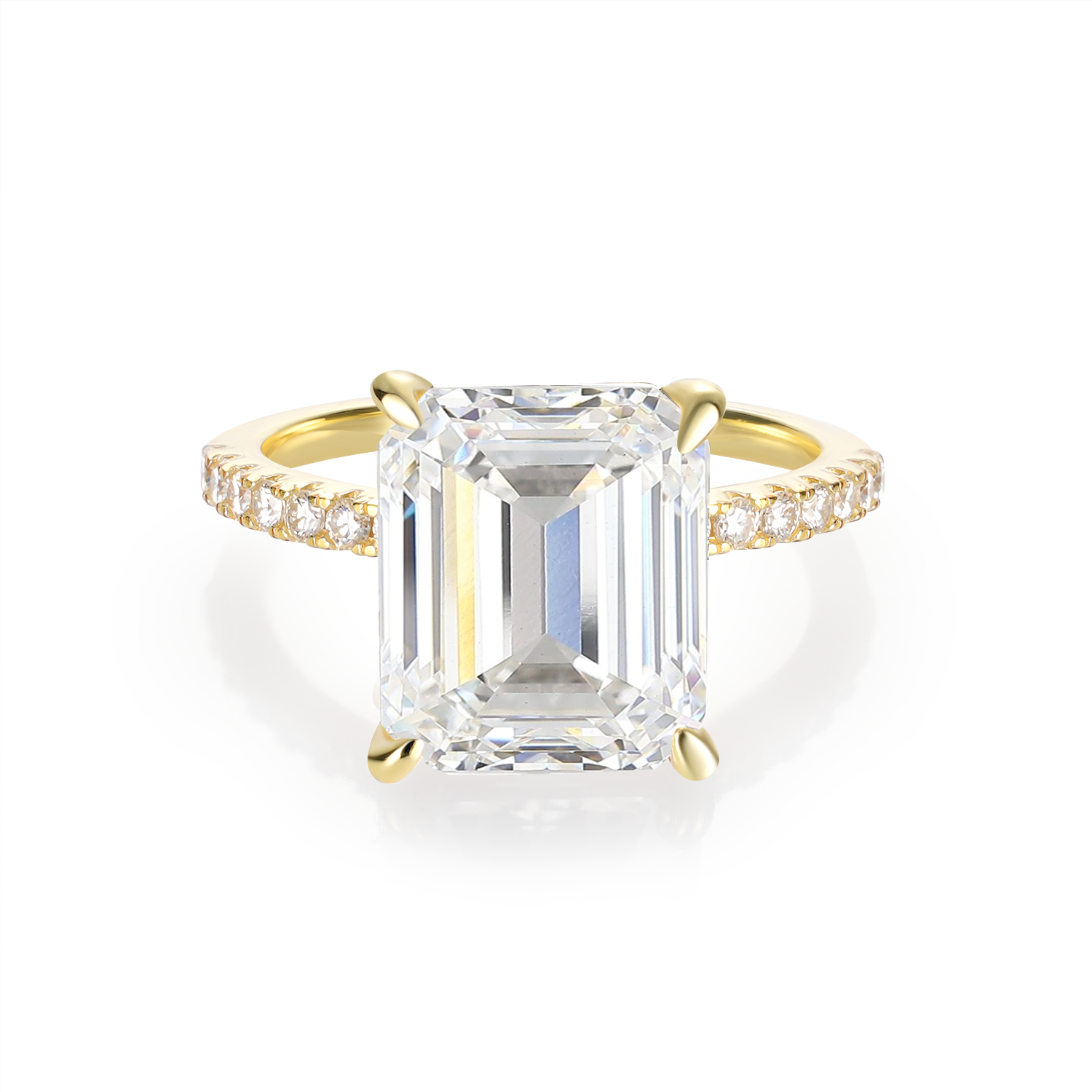 14K Gold Plated Hidden Halo Emerald Cut Moissanite Diamond Accent Engagement Ring