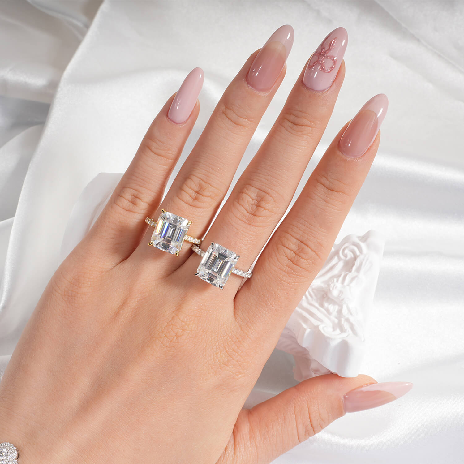 14K Gold Plated Hidden Halo Emerald Cut Moissanite Diamond Accent Engagement Ring