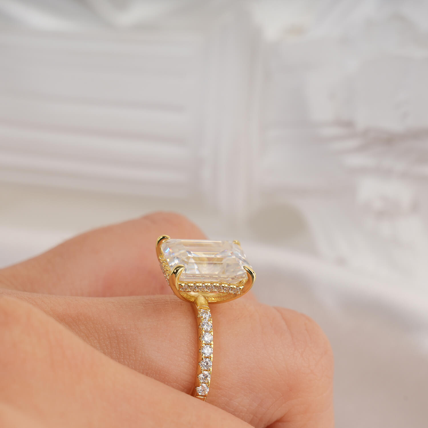 14K Gold Plated Hidden Halo Emerald Cut Moissanite Diamond Accent Engagement Ring