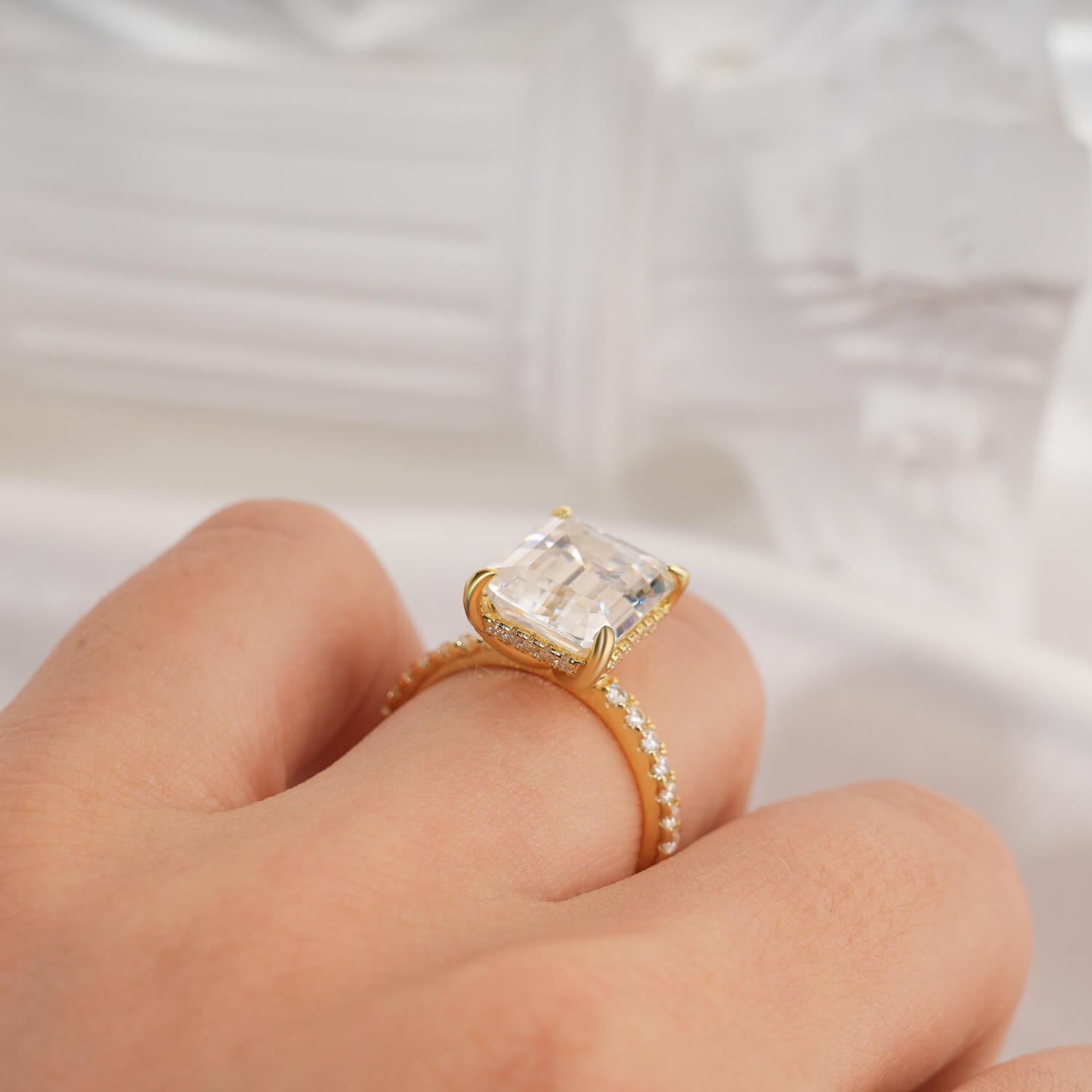 14K Gold Plated Hidden Halo Emerald Cut Moissanite Diamond Accent Engagement Ring