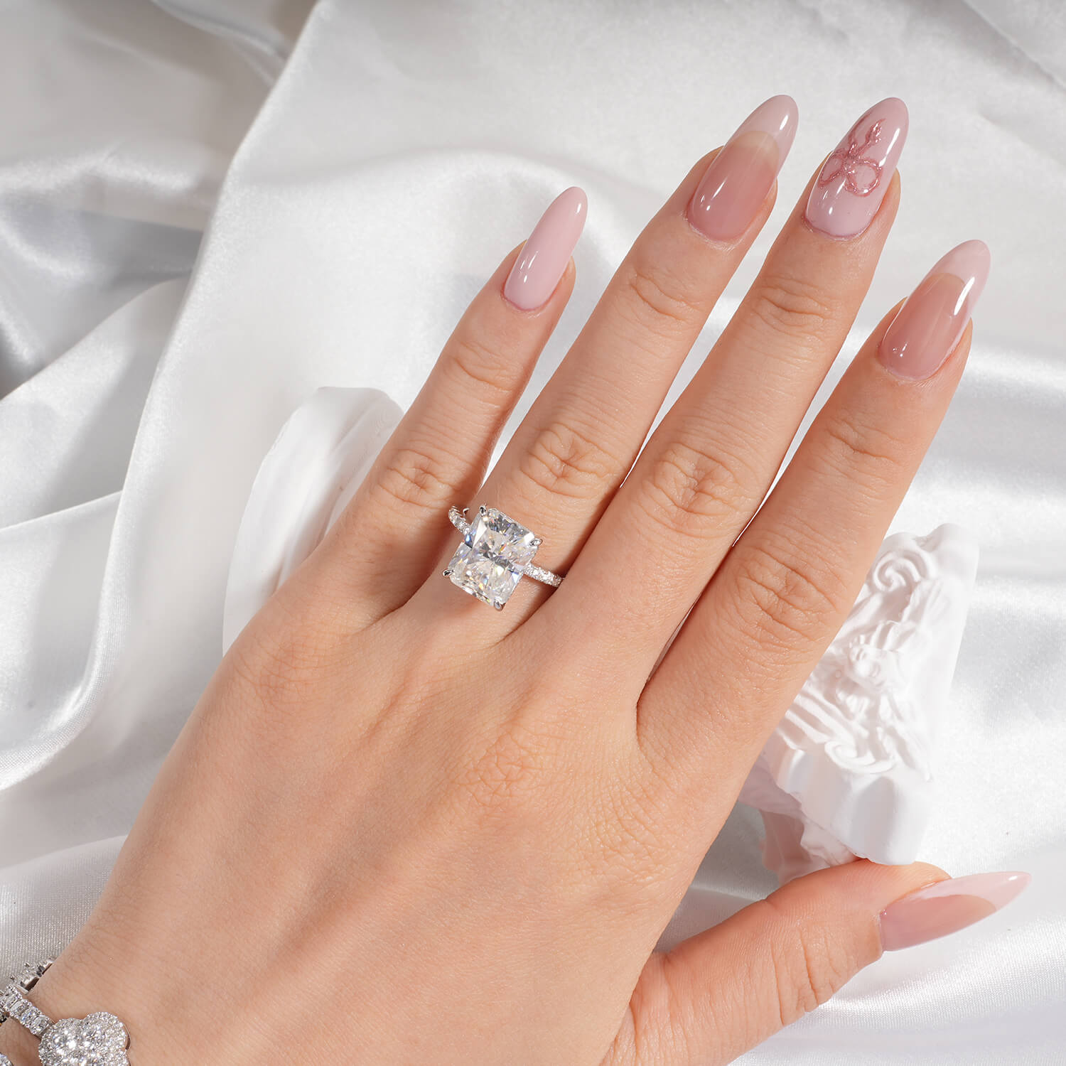 14K Gold Plated Hidden Halo Radiant Cut Moissanite Diamond Accent Engagement Ring