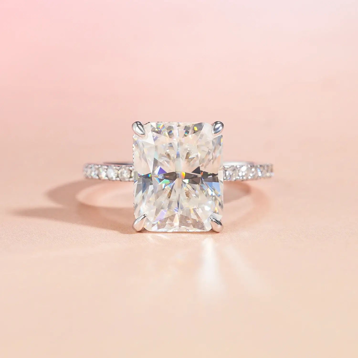 14K Gold Plated Hidden Halo Radiant Cut Moissanite Diamond Accent Engagement Ring