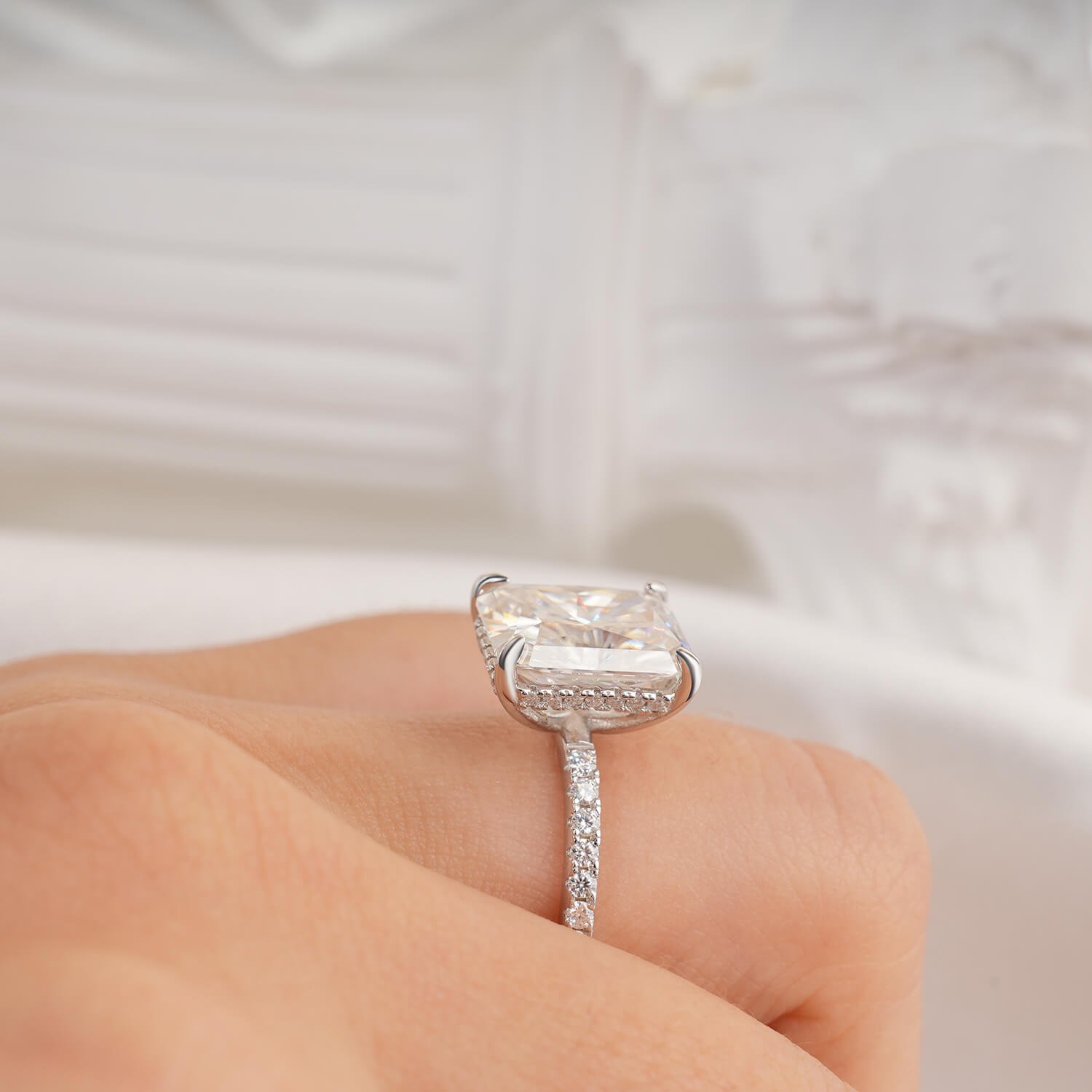 14K Gold Plated Hidden Halo Radiant Cut Moissanite Diamond Accent Engagement Ring