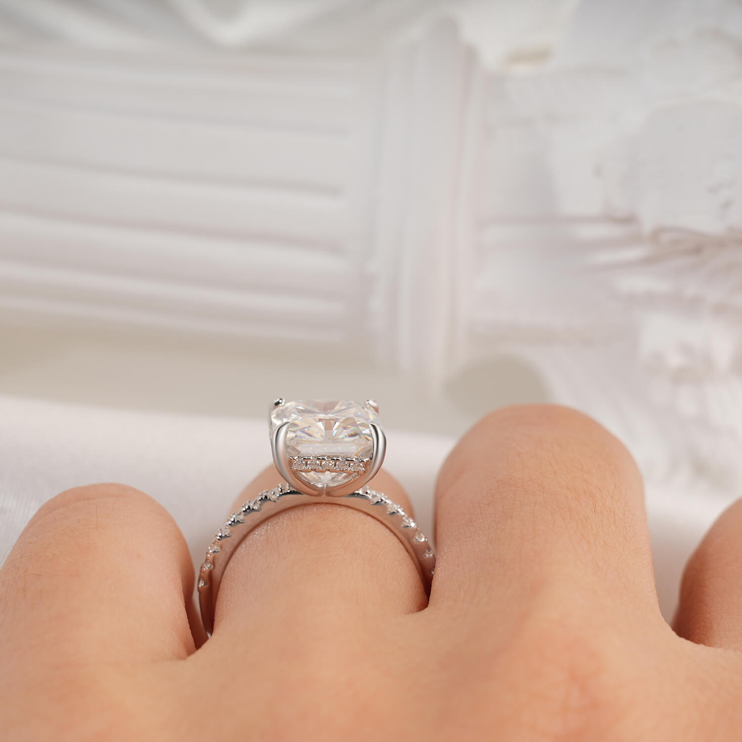 14K Gold Plated Hidden Halo Radiant Cut Moissanite Diamond Accent Engagement Ring