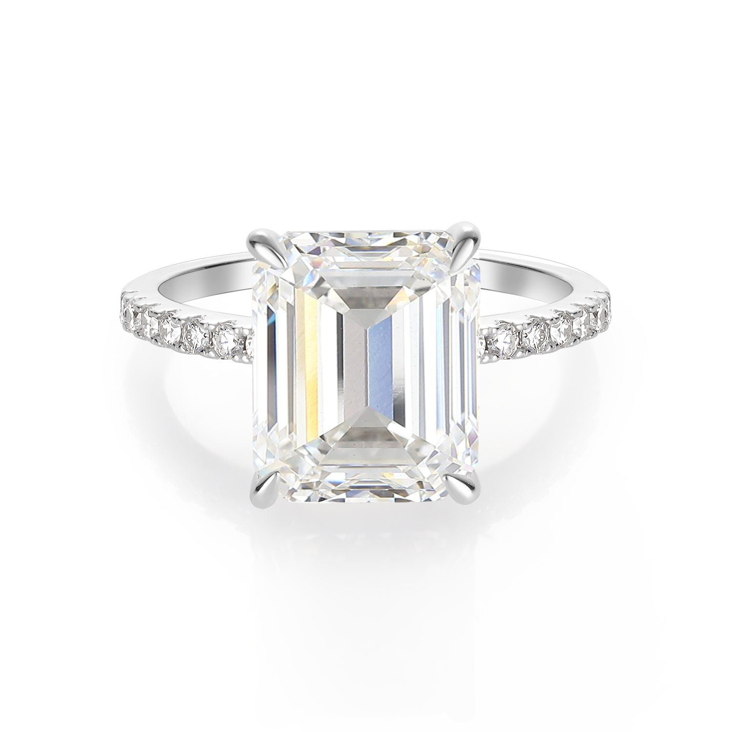 14K Gold Plated Hidden Halo Emerald Cut Moissanite Diamond Accent Engagement Ring