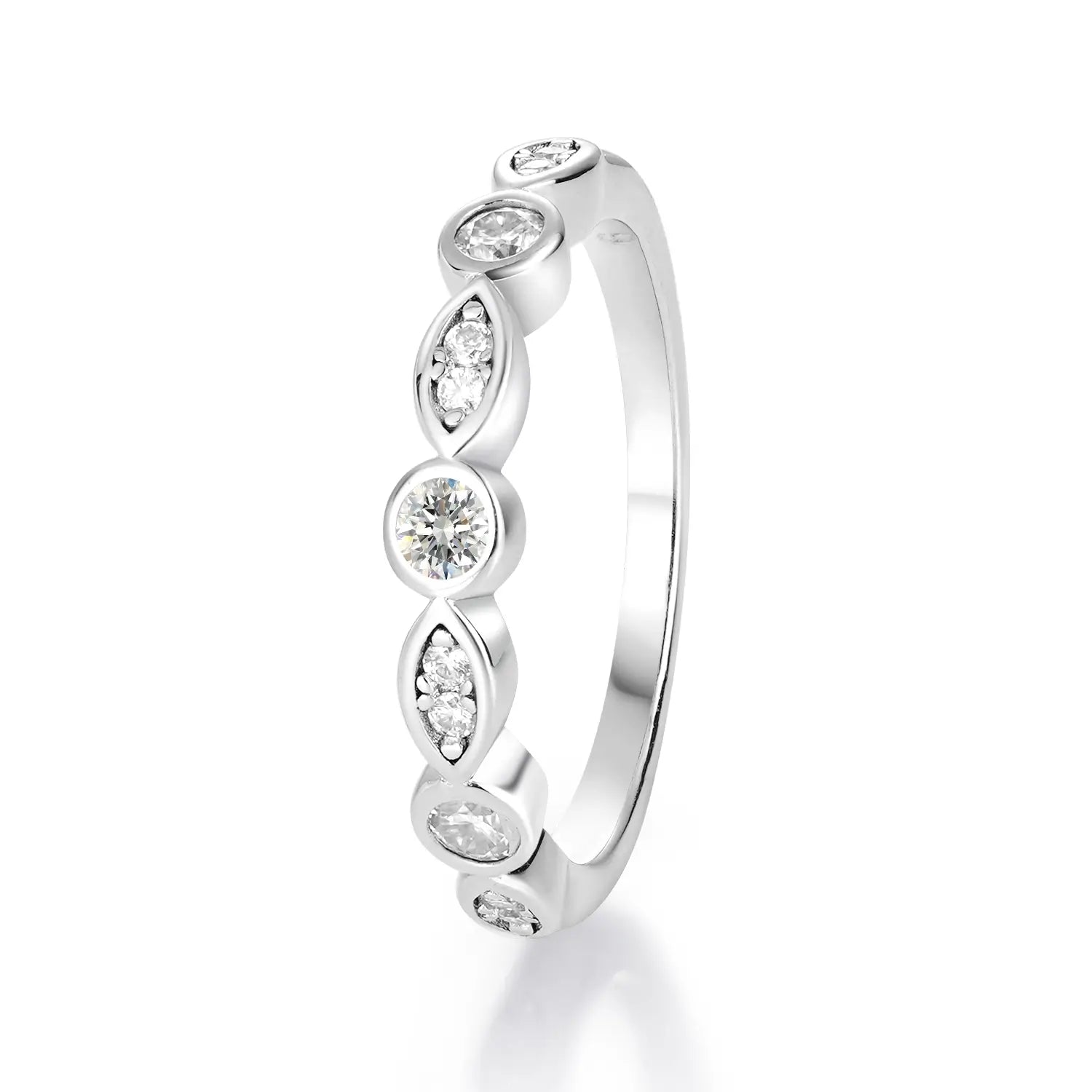 Bezel Set Marquise & Round Moissanite Diamond Ring Wedding Band