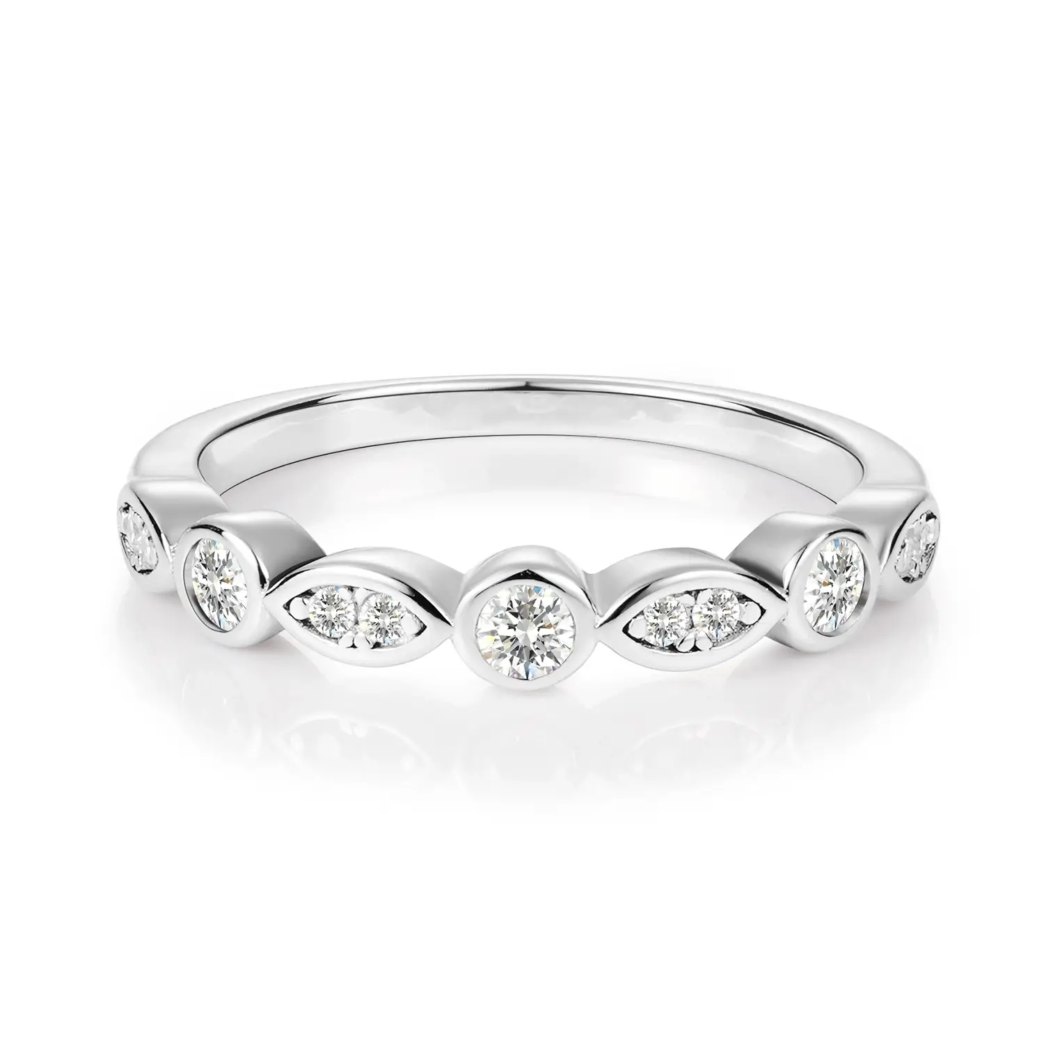 Bezel Set Marquise & Round Moissanite Diamond Ring Wedding Band