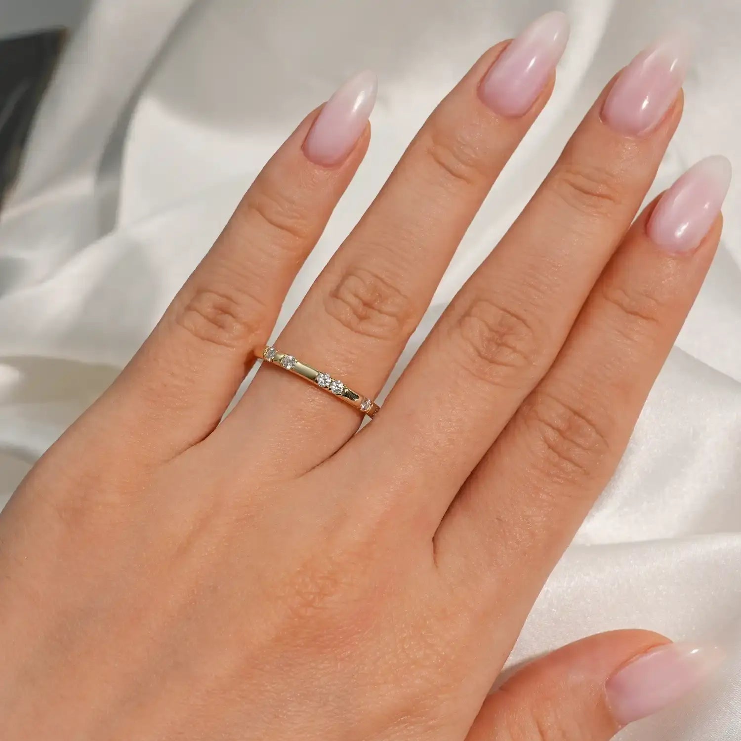 14k White Gold Plated Sporadically Set Moissanite Diamond Wedding Band