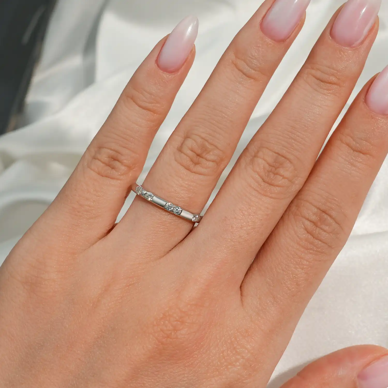 14k White Gold Plated Sporadically Set Moissanite Diamond Wedding Band