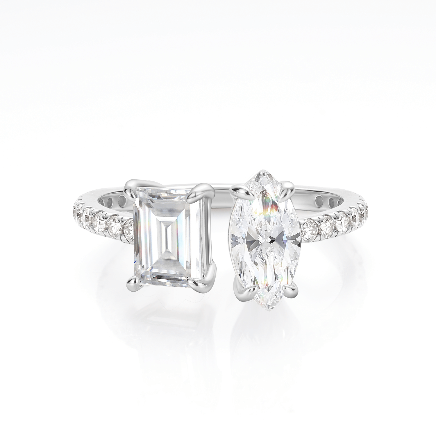 Toi et Moi Marquise & Radiant Shaped Moissanite Diamond Fashion Open Adjustable Ring