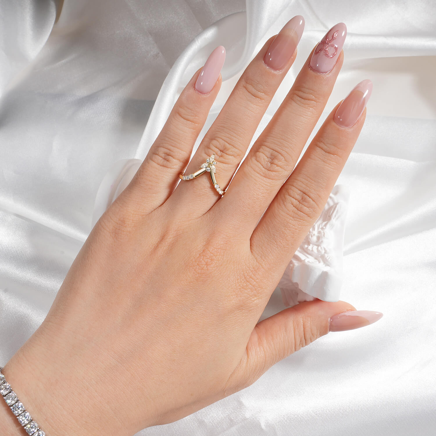 Deep Chevron V Nesting Marquise Cut Moissanite Wedding Band Open Stacking Ring