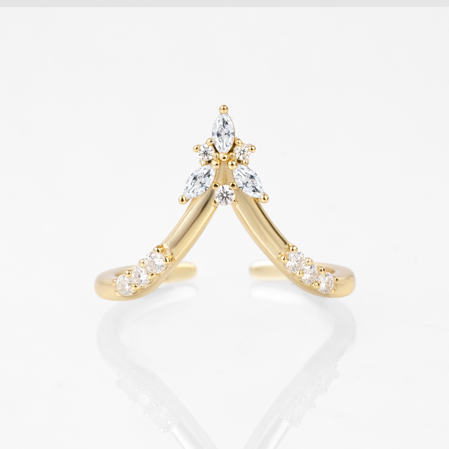 yellow gold Deep Chevron V Nesting Marquise Cut Moissanite Wedding Band Open Stacking Ring
