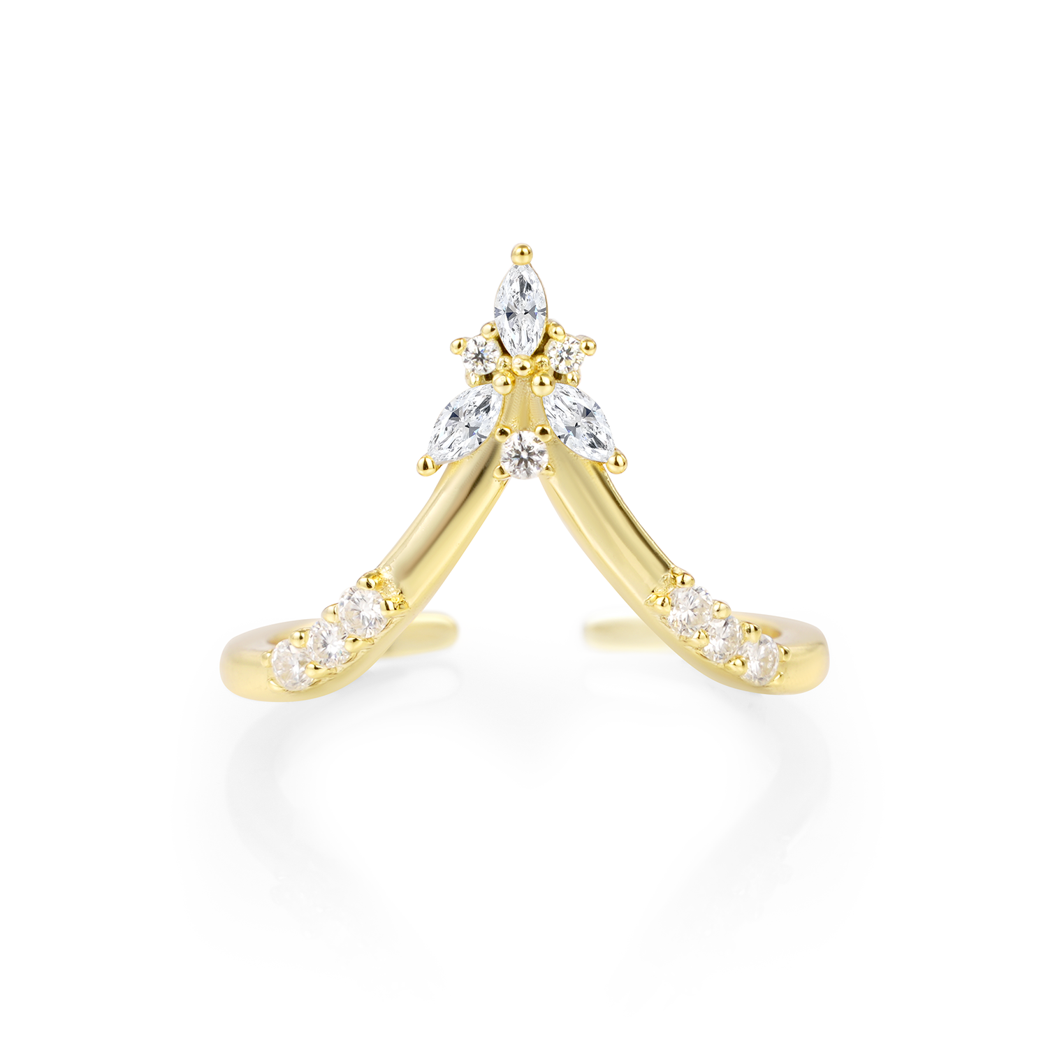 yellow gold Deep Chevron V Nesting Marquise Cut Moissanite Wedding Band Open Stacking Ring