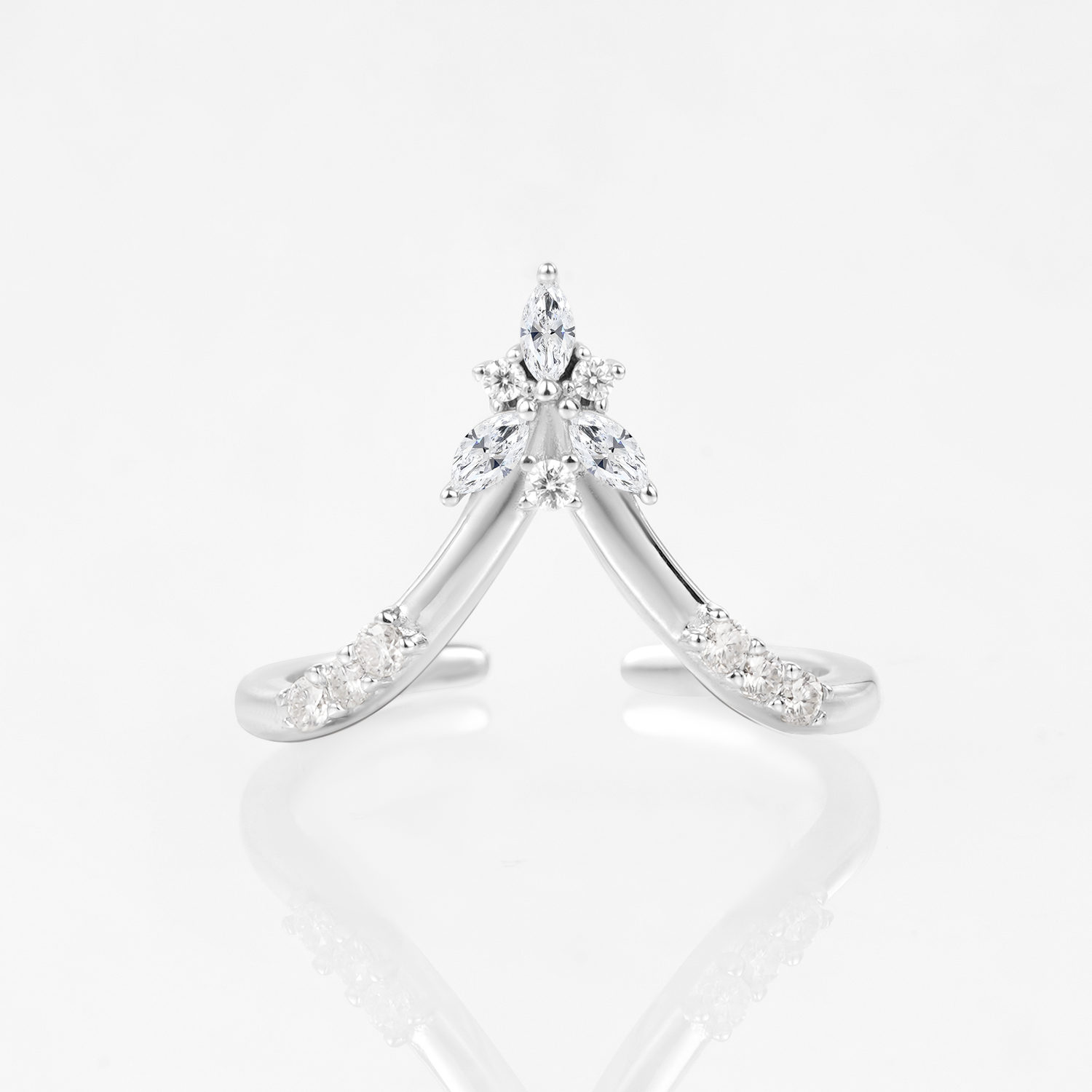 white gold Deep Chevron V Nesting Marquise Cut Moissanite Wedding Band Open Stacking Ring