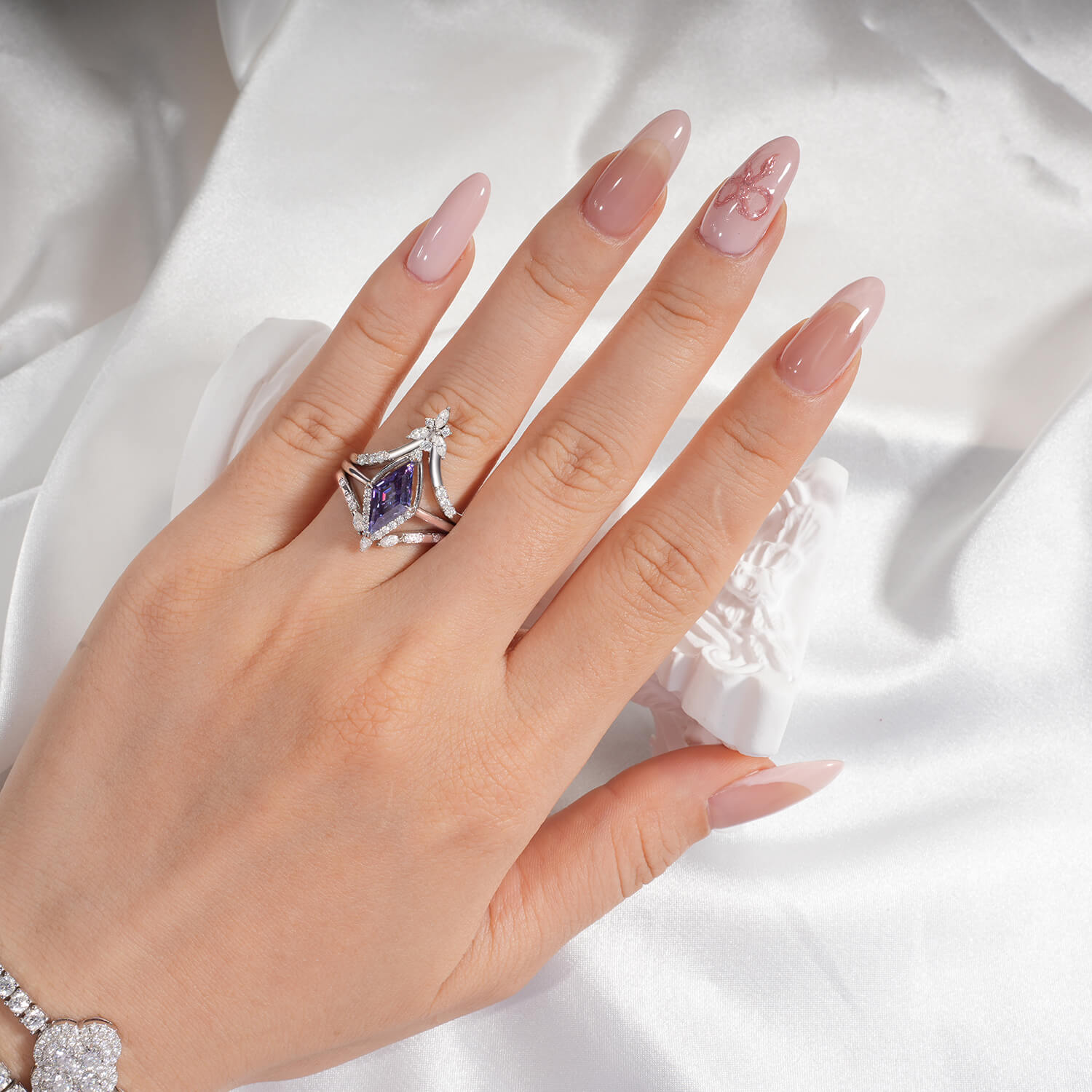 Unique Halo Kite Cut Diamond Bridal Set 14K Gold Plated Moissanite Engagement Ring