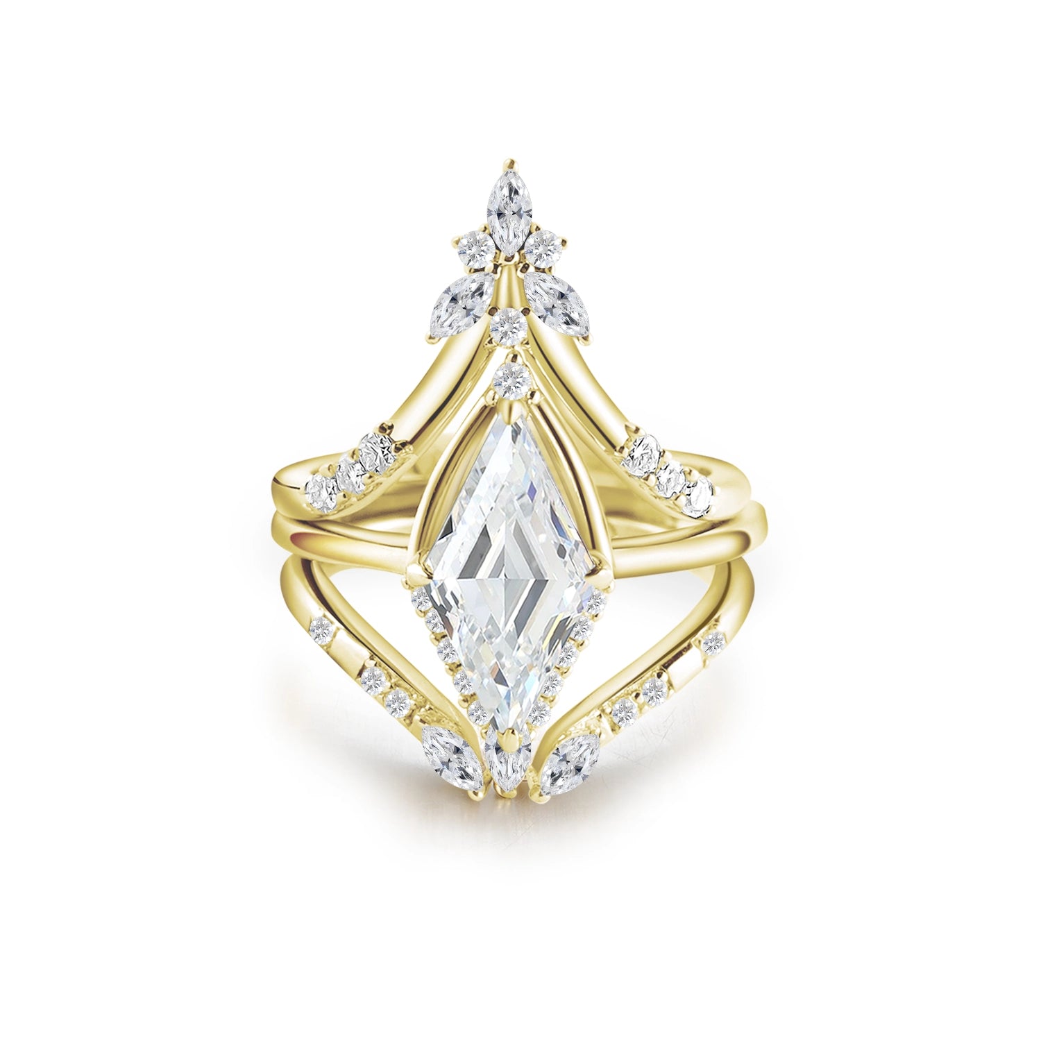 Unique Halo Kite Cut Diamond Bridal Set 14K Gold Plated Moissanite Engagement Ring