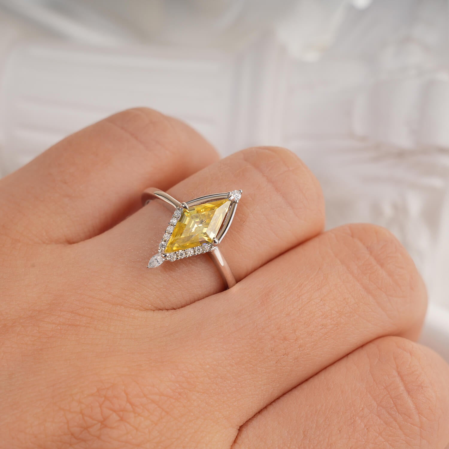 14K Gold Plated Unique Halo Vintage Color Kite Cut Diamond Engagement Ring