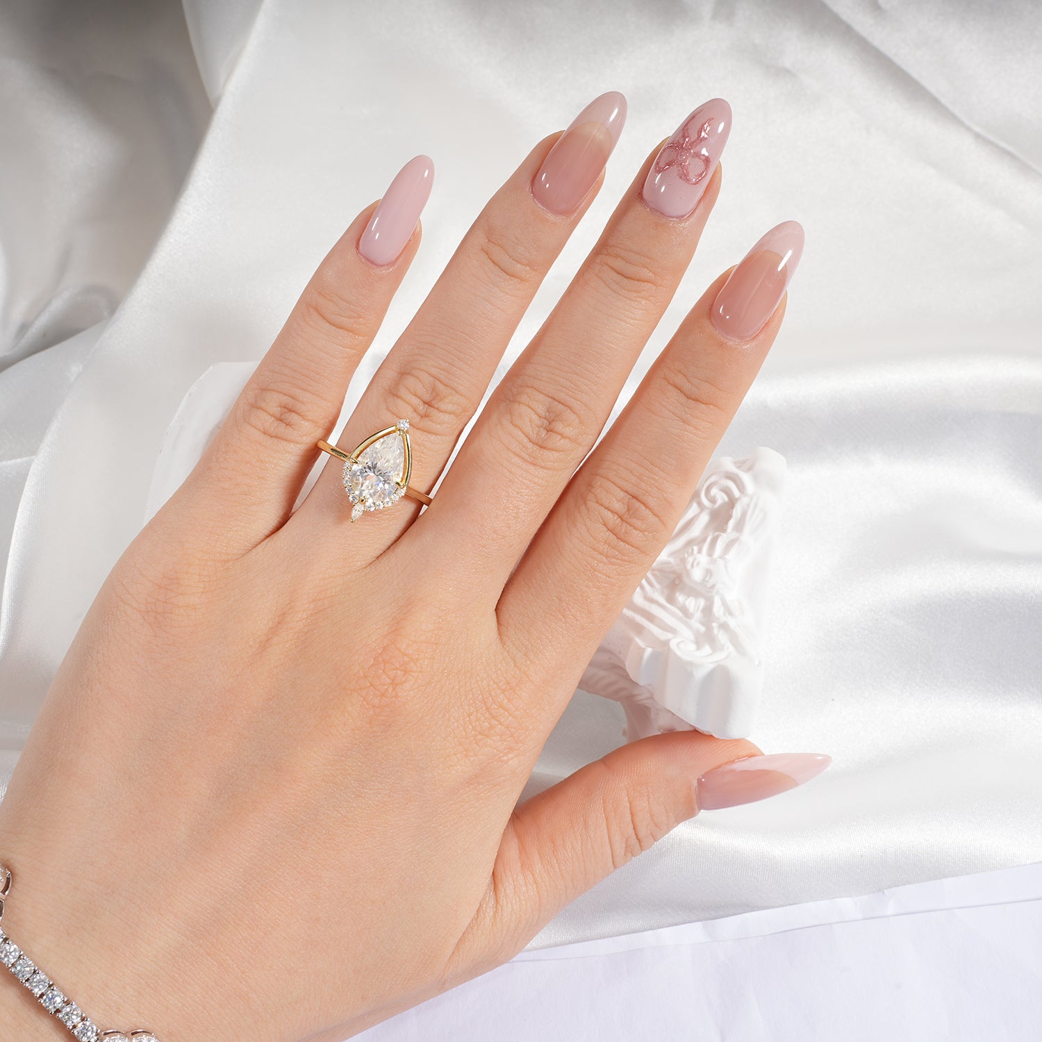 Unique Halo Pear Cut Diamond Bridal Set 14K Gold Plated Moissanite Engagement Ring