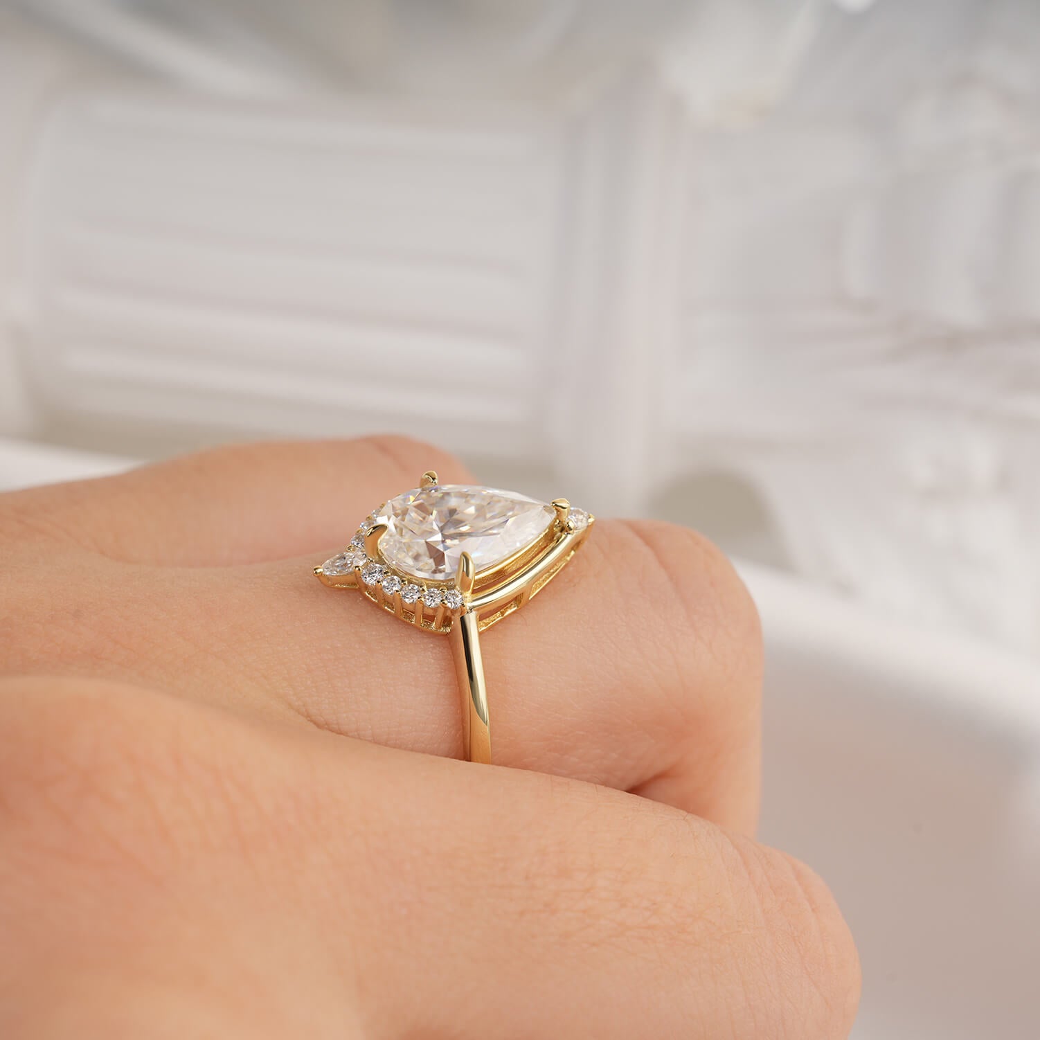 Unique Halo Pear Cut Diamond Bridal Set 14K Gold Plated Moissanite Engagement Ring