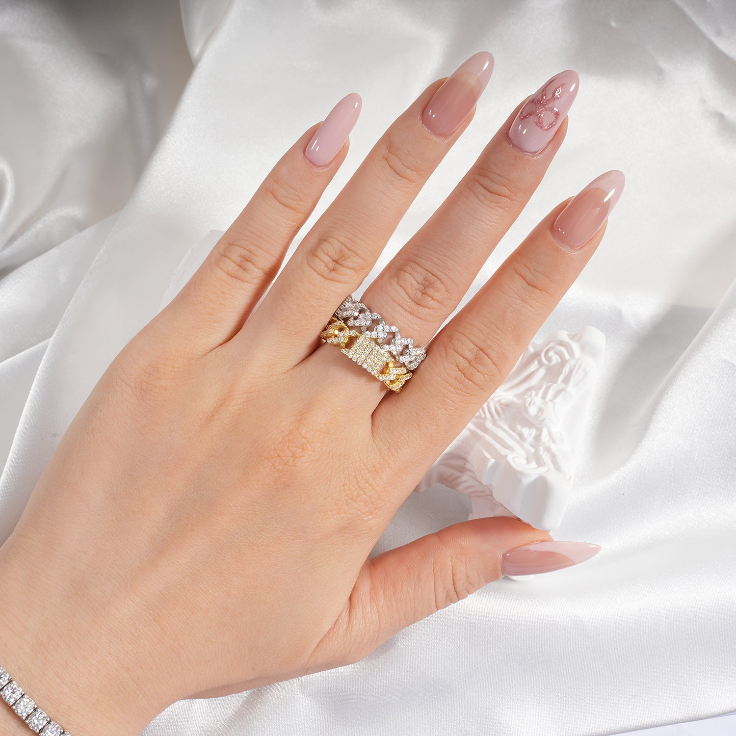 14K Gold Plated Cuban Link Pave Moissanite Diamonds Fashion Wedding  Ring